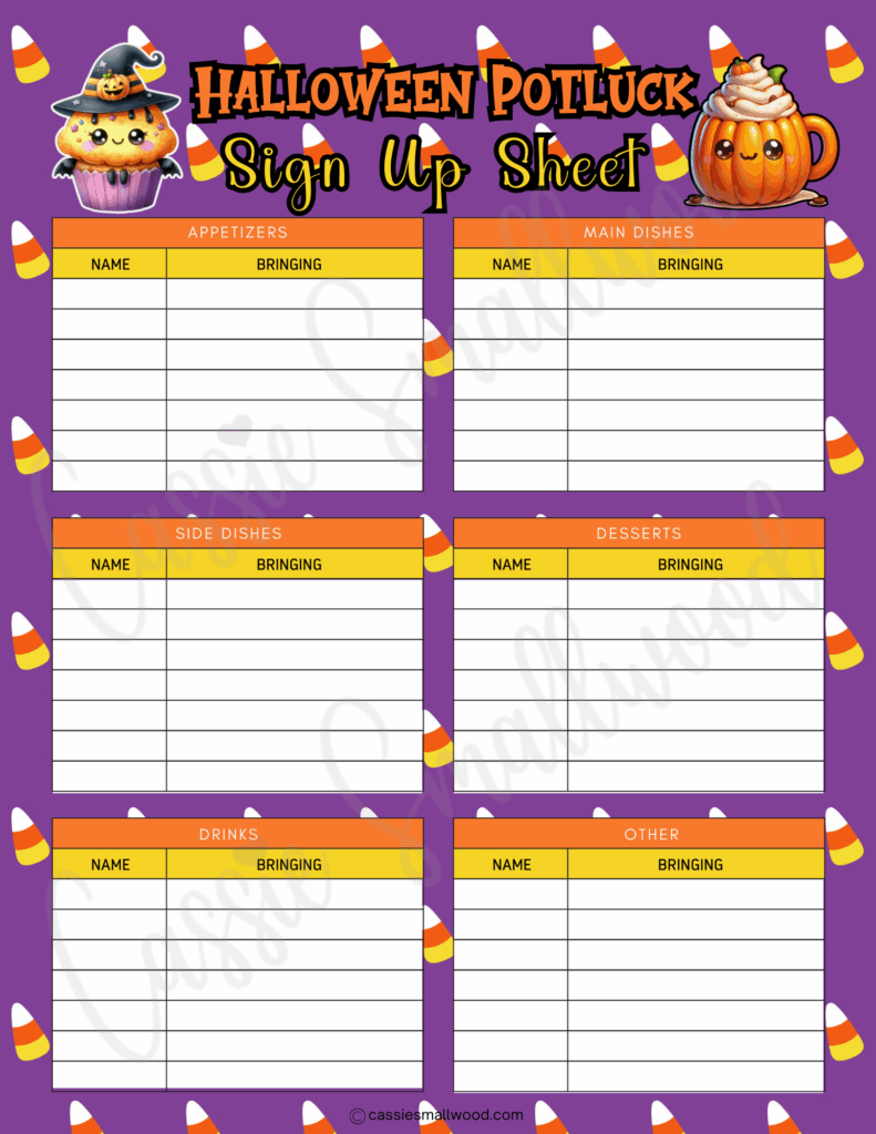 12 Cute Halloween Potluck Sign Up Sheets - Cassie Smallwood regarding Free Printable Halloween Party List Template