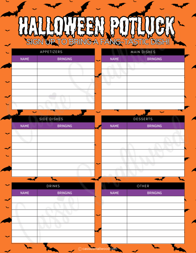 12 Cute Halloween Potluck Sign Up Sheets - Cassie Smallwood within Printable Halloween Potluck Sign Up