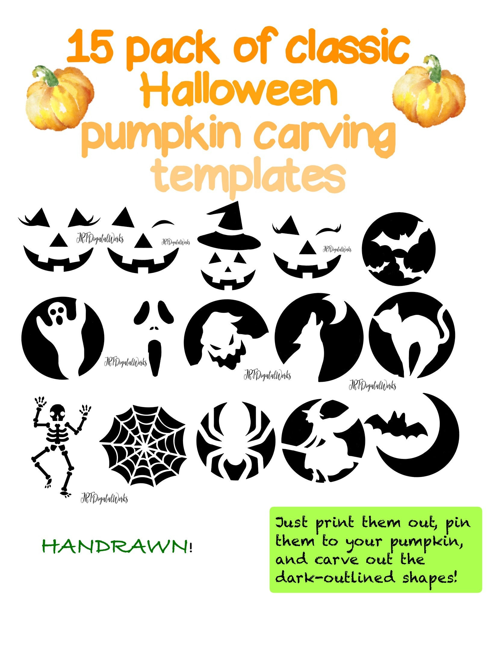 15 Handrawn Digital Printable Pumpkin Carving Stencils/Templates pertaining to Printable Pumpkin Carve Outs