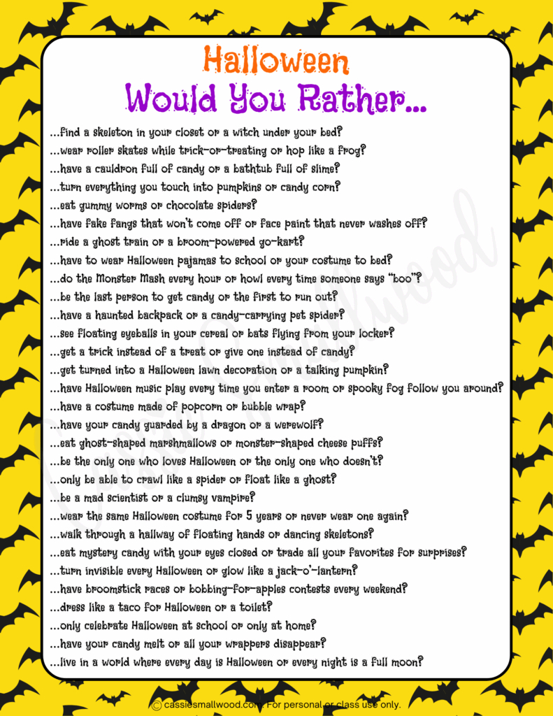 150 Halloween Would You Rather Questions (Free Printable) - Cassie with Free Printable Halloween Would You Rather