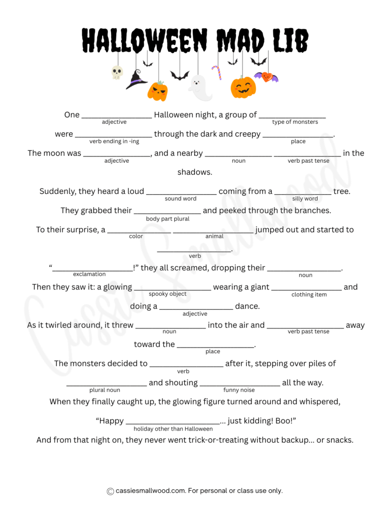 5 Fun Halloween Mad Libs (Free Printable) - Cassie Smallwood inside Printable Halloween Stories For Elementary Students