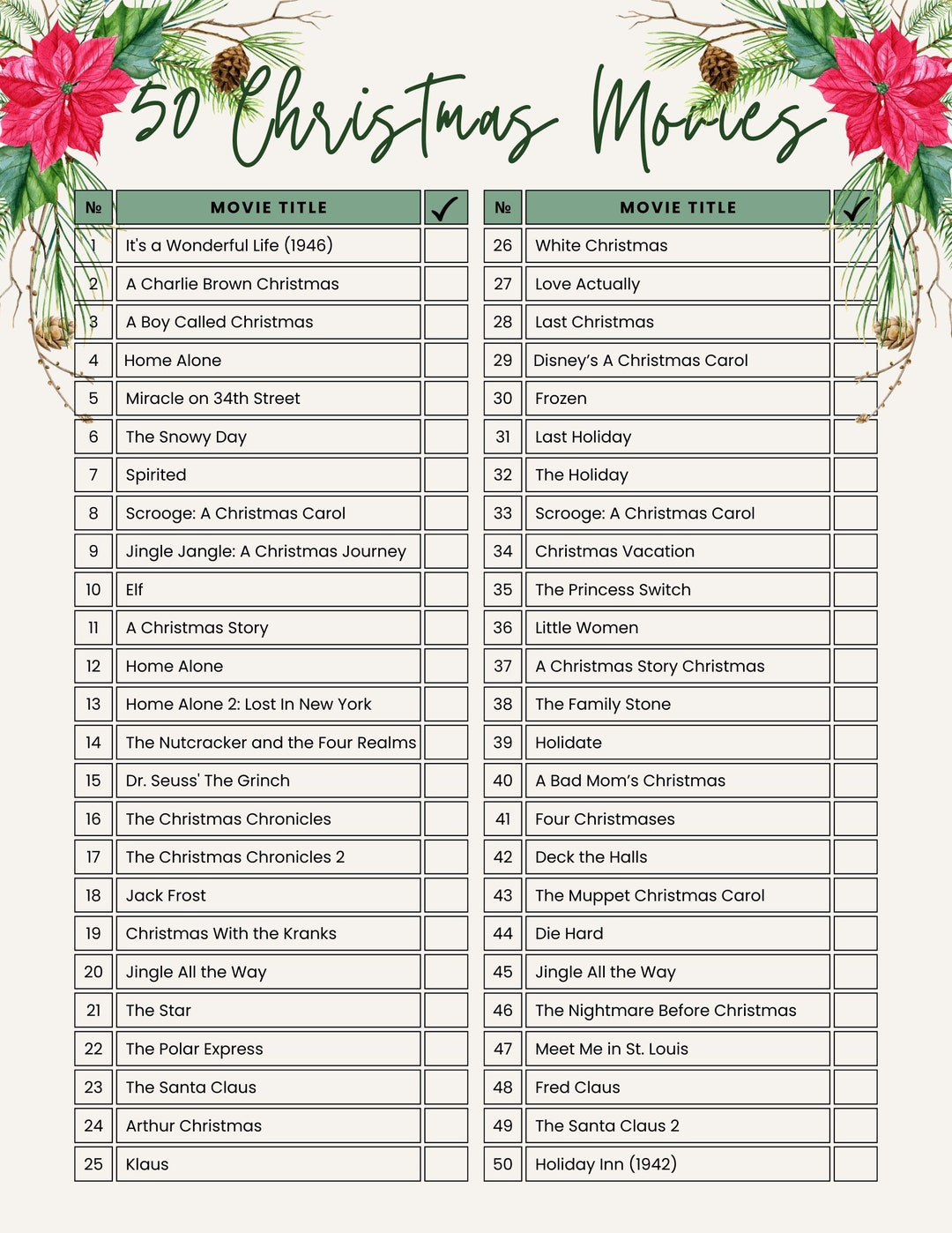 50 Christmas Movies Checklist | Christmas Movies | Family Movie for Christmas Movie List Printable