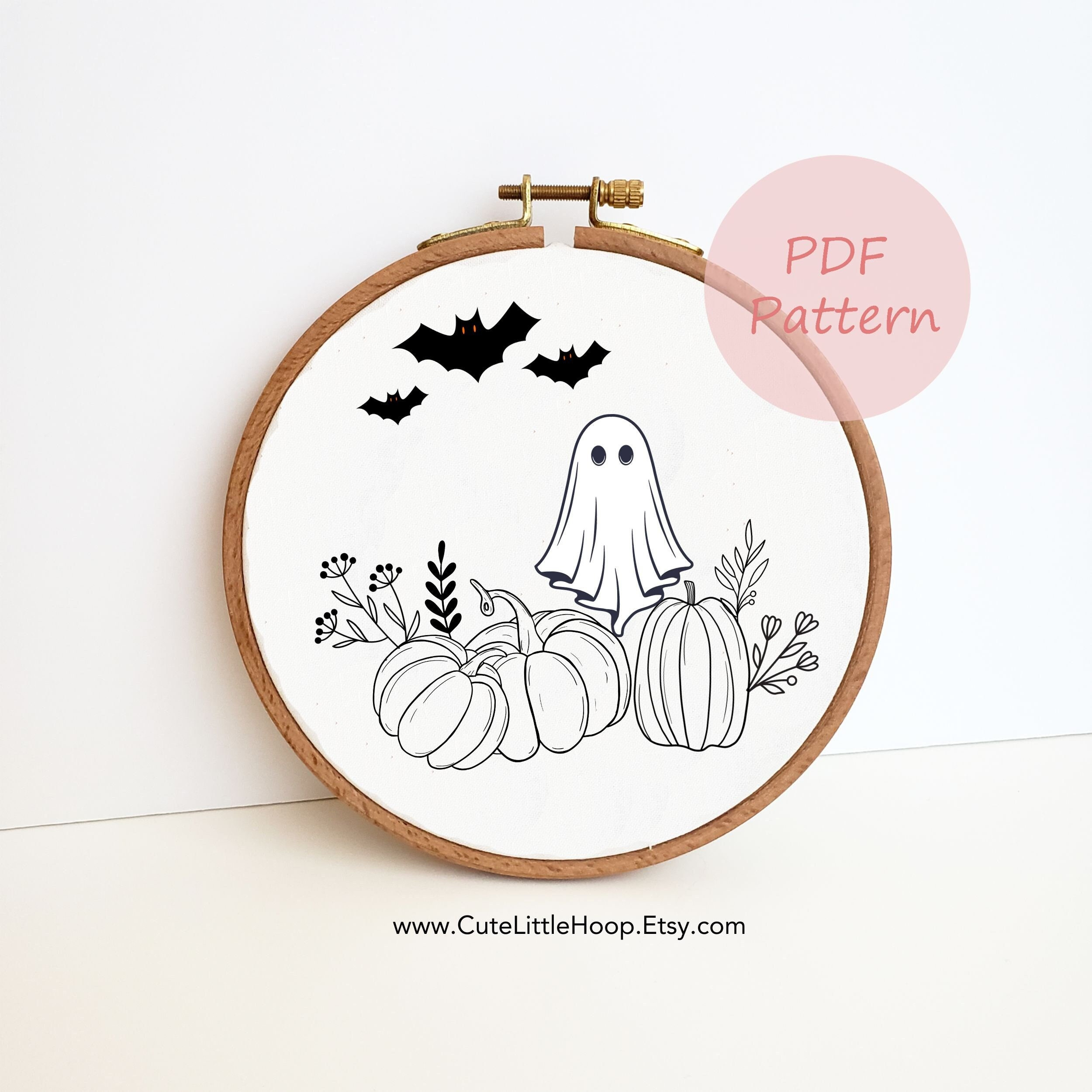 Bat Ghost Pumpkin Embroidery Pattern, Halloween Printable Pdf inside Printable Halloween Embroidery Patterns