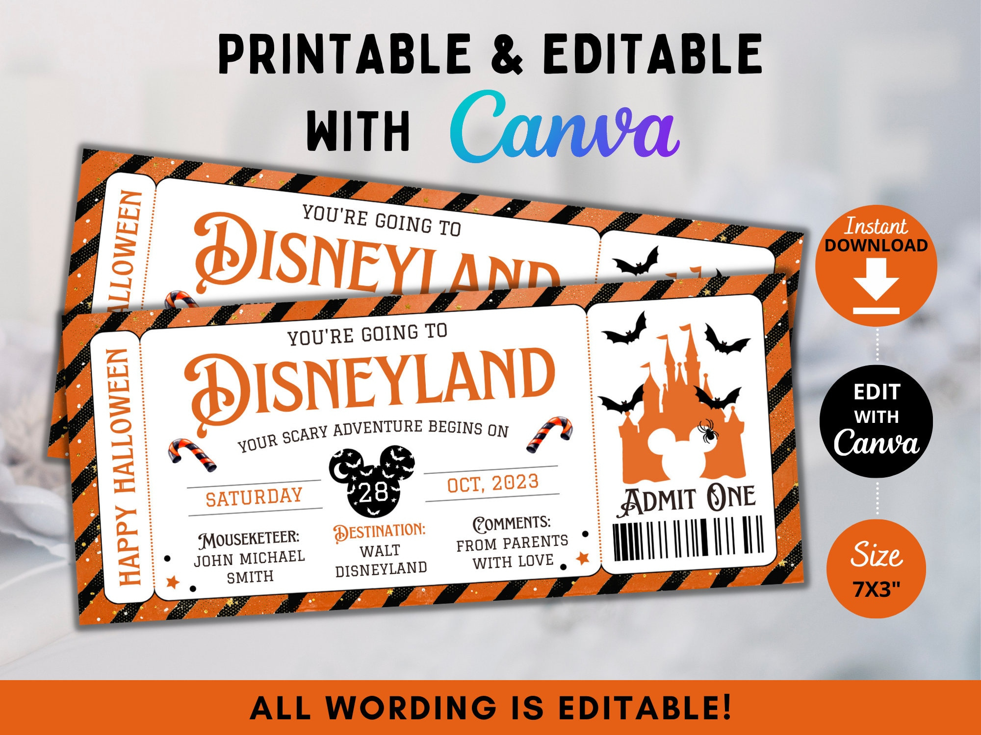 Bearbeitbare Retro Halloween Ticketvorlage, Mouse World Surprise for Printable Halloween Tickets