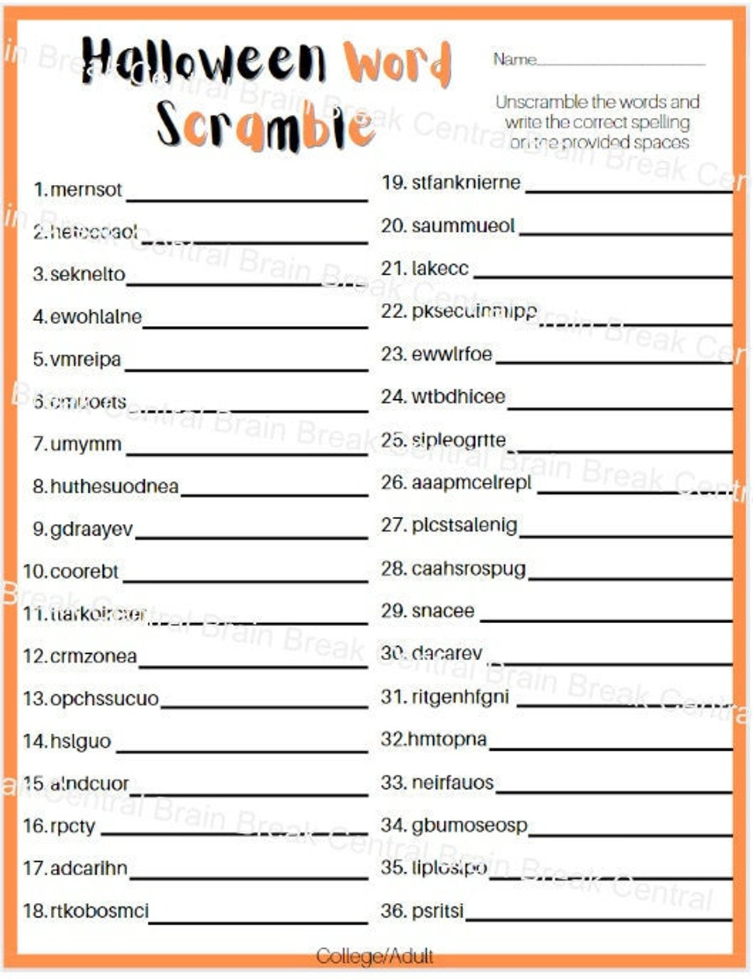 College/Adult Halloween Word Scramble Worksheet With Answer Key intended for Printable Halloween Word Scramble With Answers