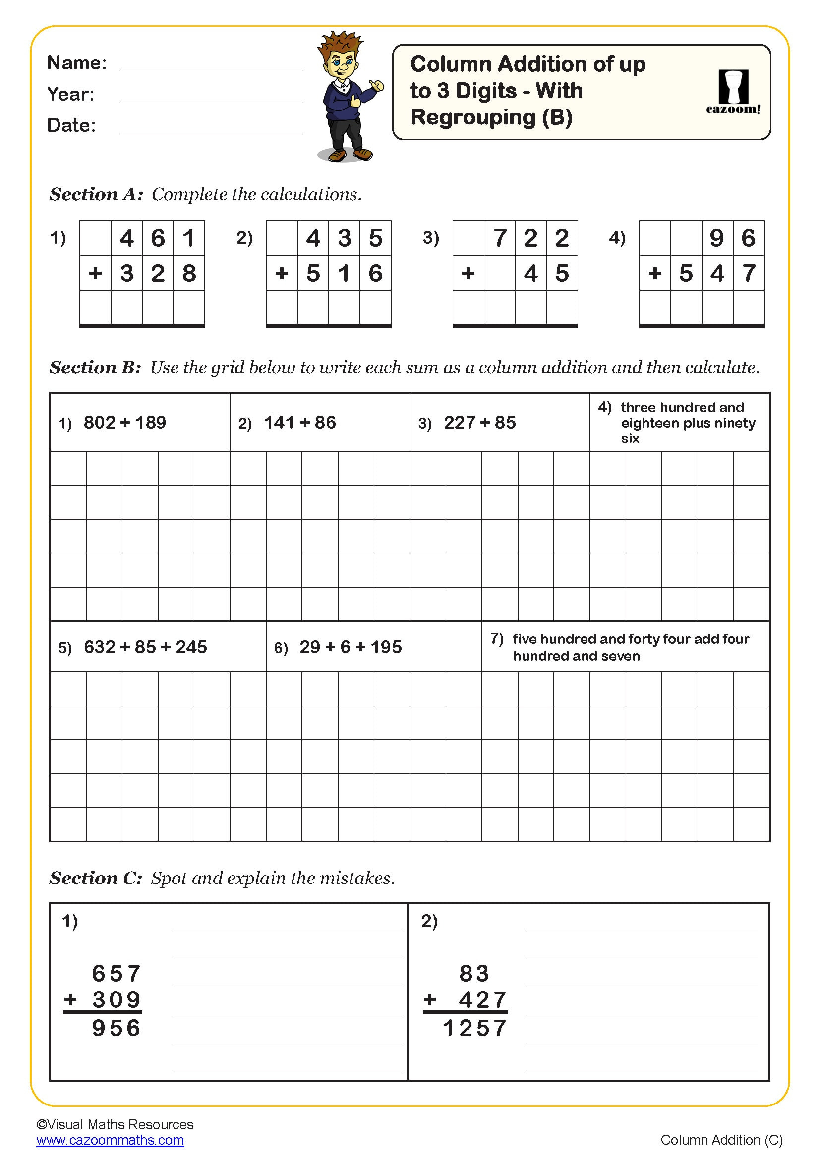 Column Addition Of Up To 3 Digits - No Regrouping | Pdf Printable within Column Addition Worksheet Printable