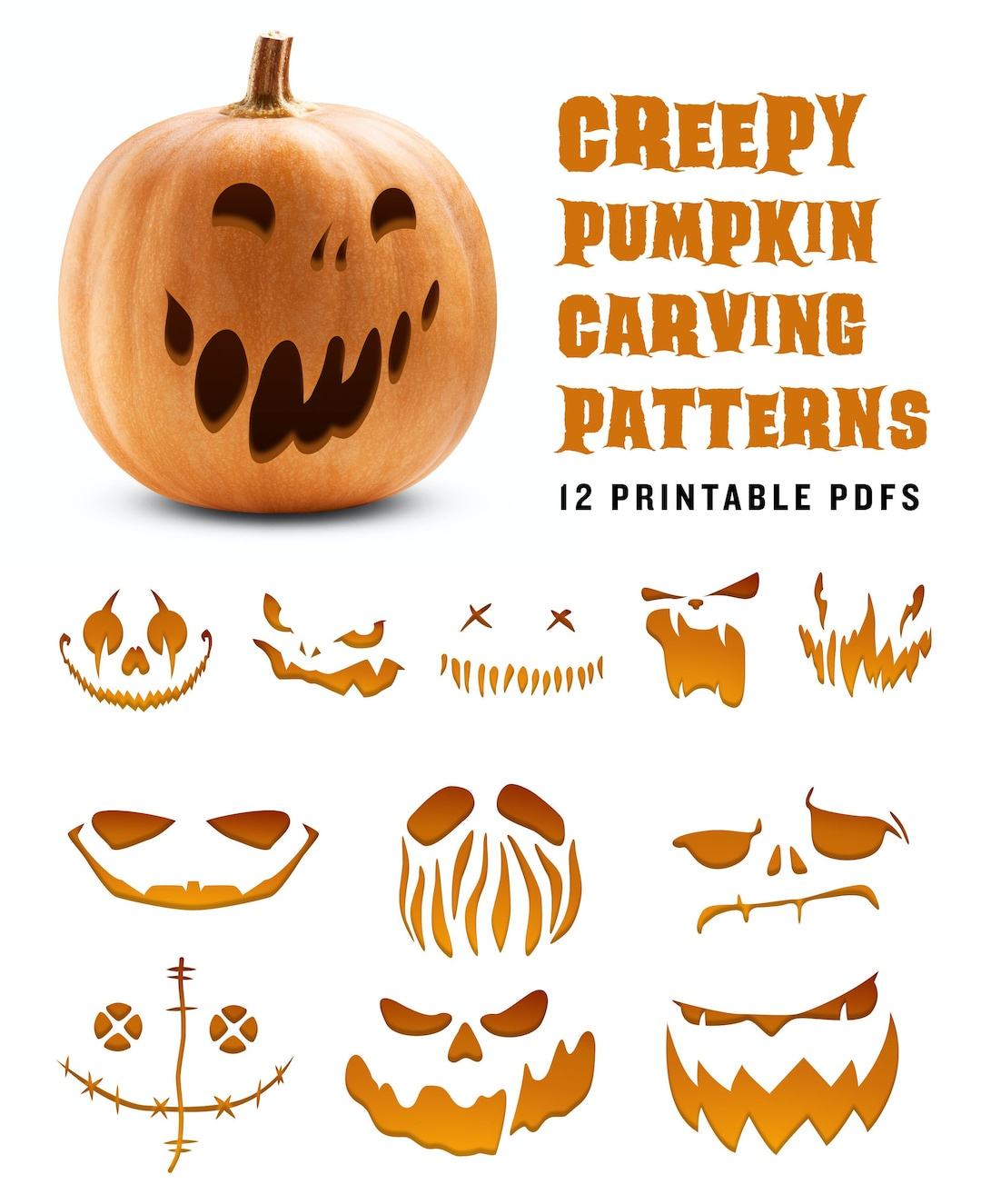 Creepy Pumpkin Carving Patterns | Scary Jack-O-Lantern Printable Templates  For Your Halloween Decor - Etsy in Scary Pumpkin Stencil Printable
