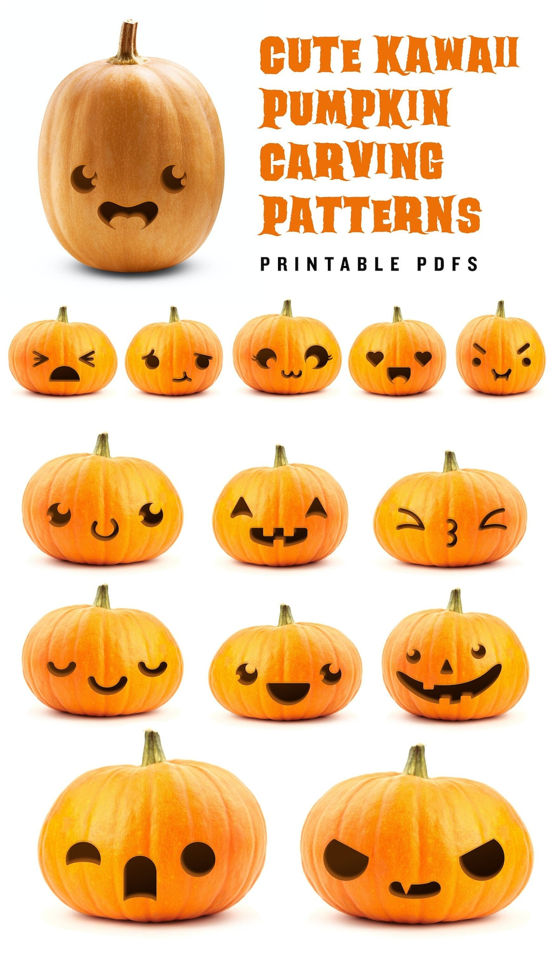 Cute Kawaii Pumpkin Carving Stencil For Halloween // Simple in Cute Printable Pumpkin Faces