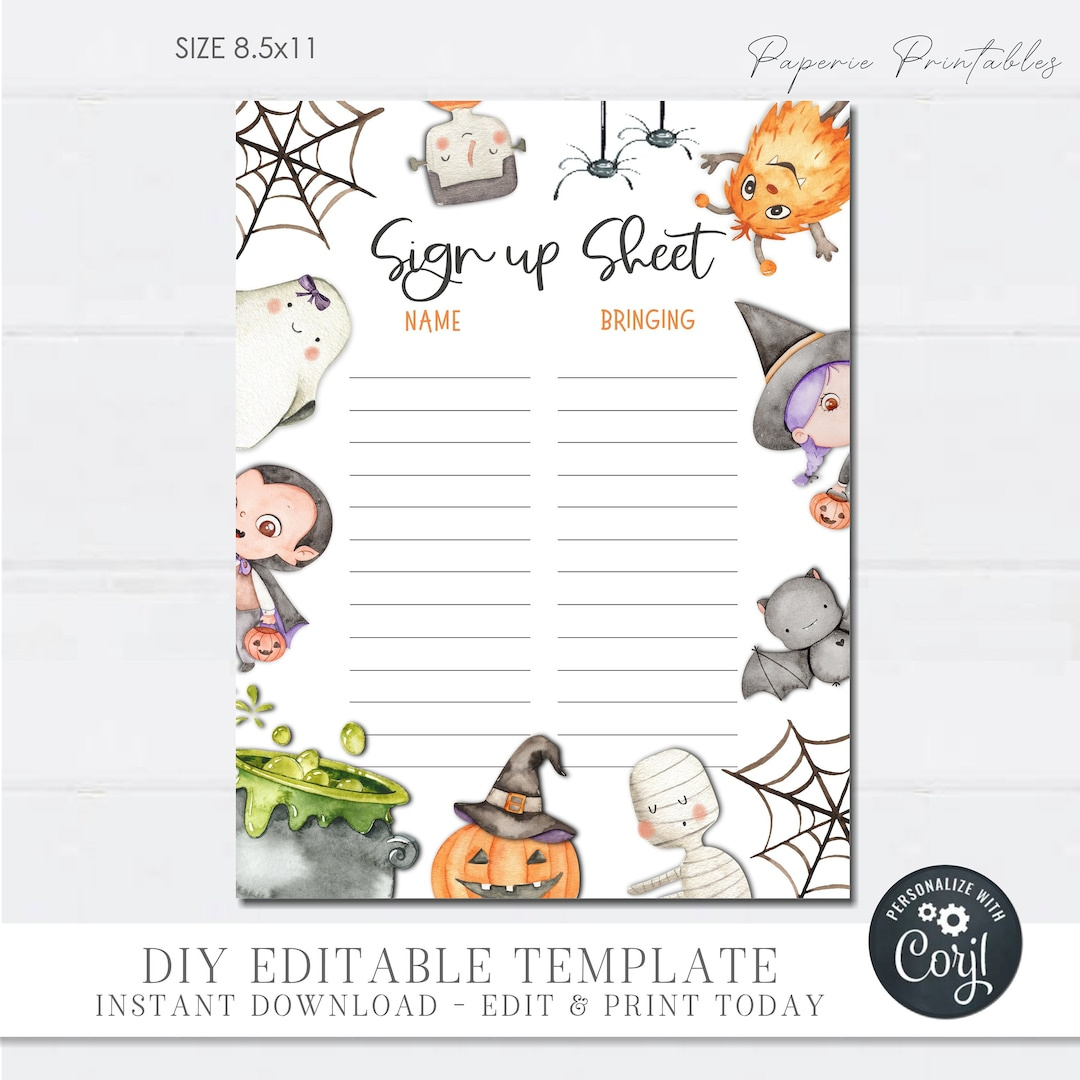 Editable Halloween Potluck Sign Up Sheet (Diy Corjl Template) #Hp33 - Etsy inside Printable Halloween Potluck Sign Up Sheet