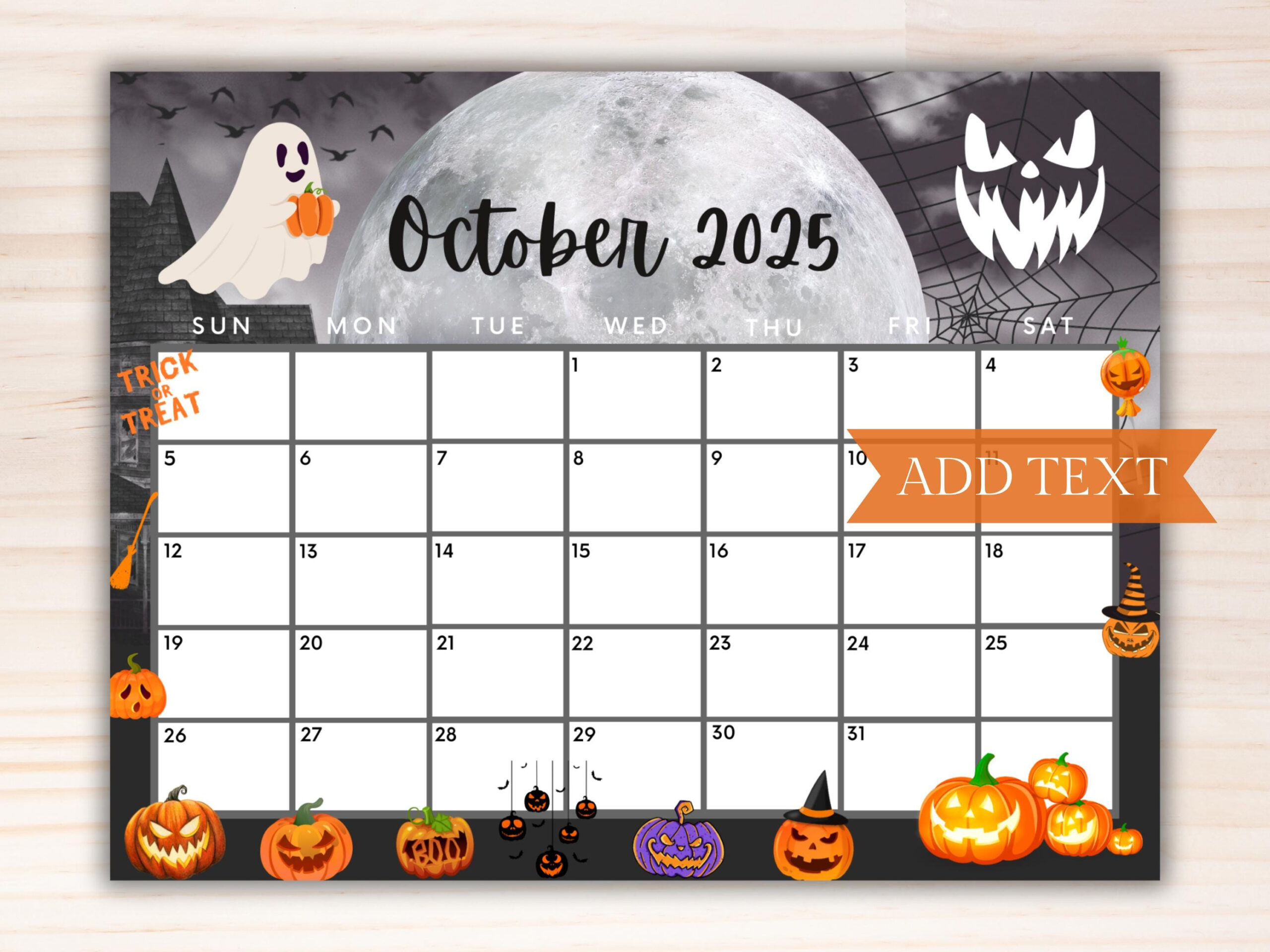 Editable October 2025 Calendar, Printable Calendar, 2025 Spooky with Printable Halloween October 2025 Calendar