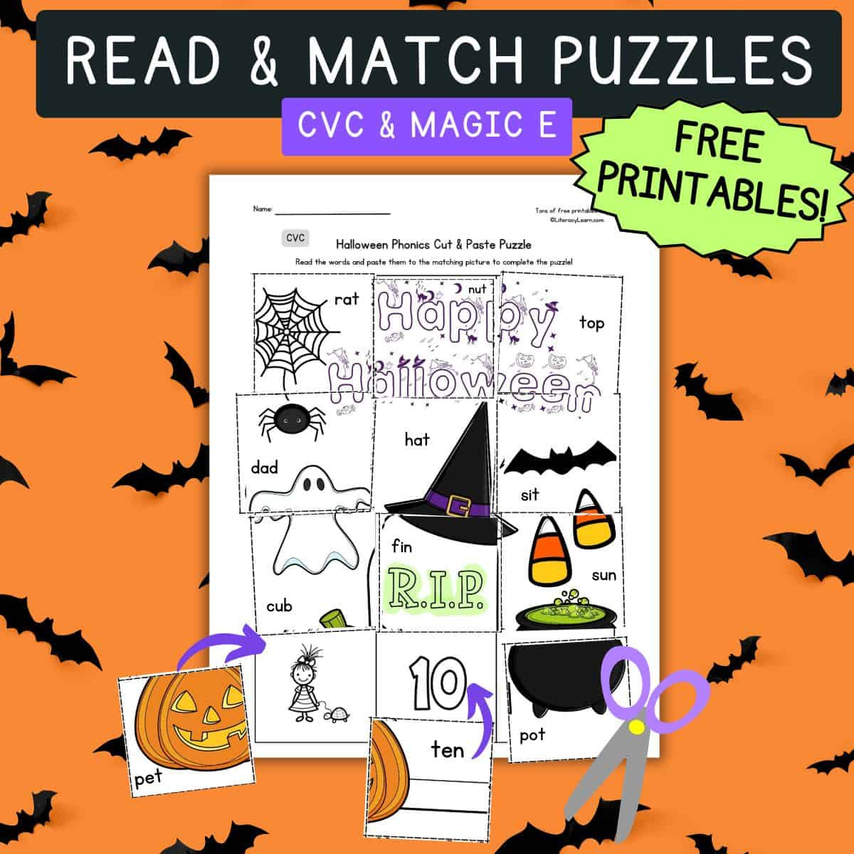 Free Halloween Read &amp;amp; Match Puzzles (Cvc &amp;amp; Magic E) - Literacy Learn in Free Printable Halloween Cvc Words Worksheets