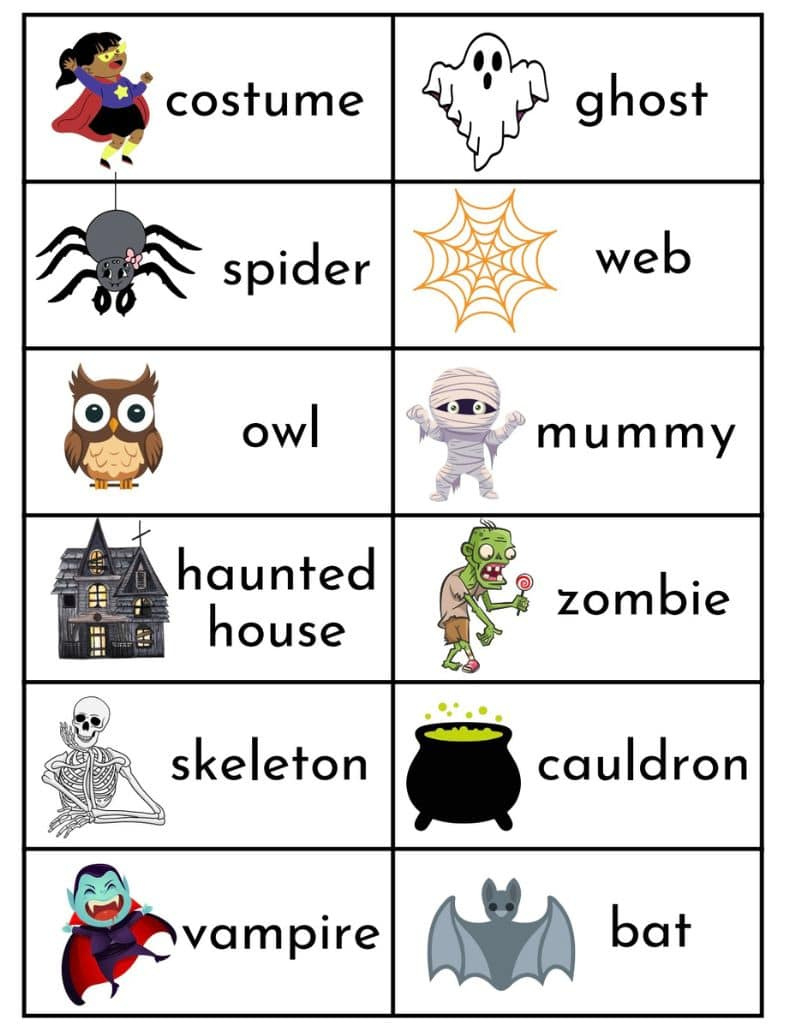 Free Halloween Word List Printable For Kids throughout Printable Halloween Hangman Words