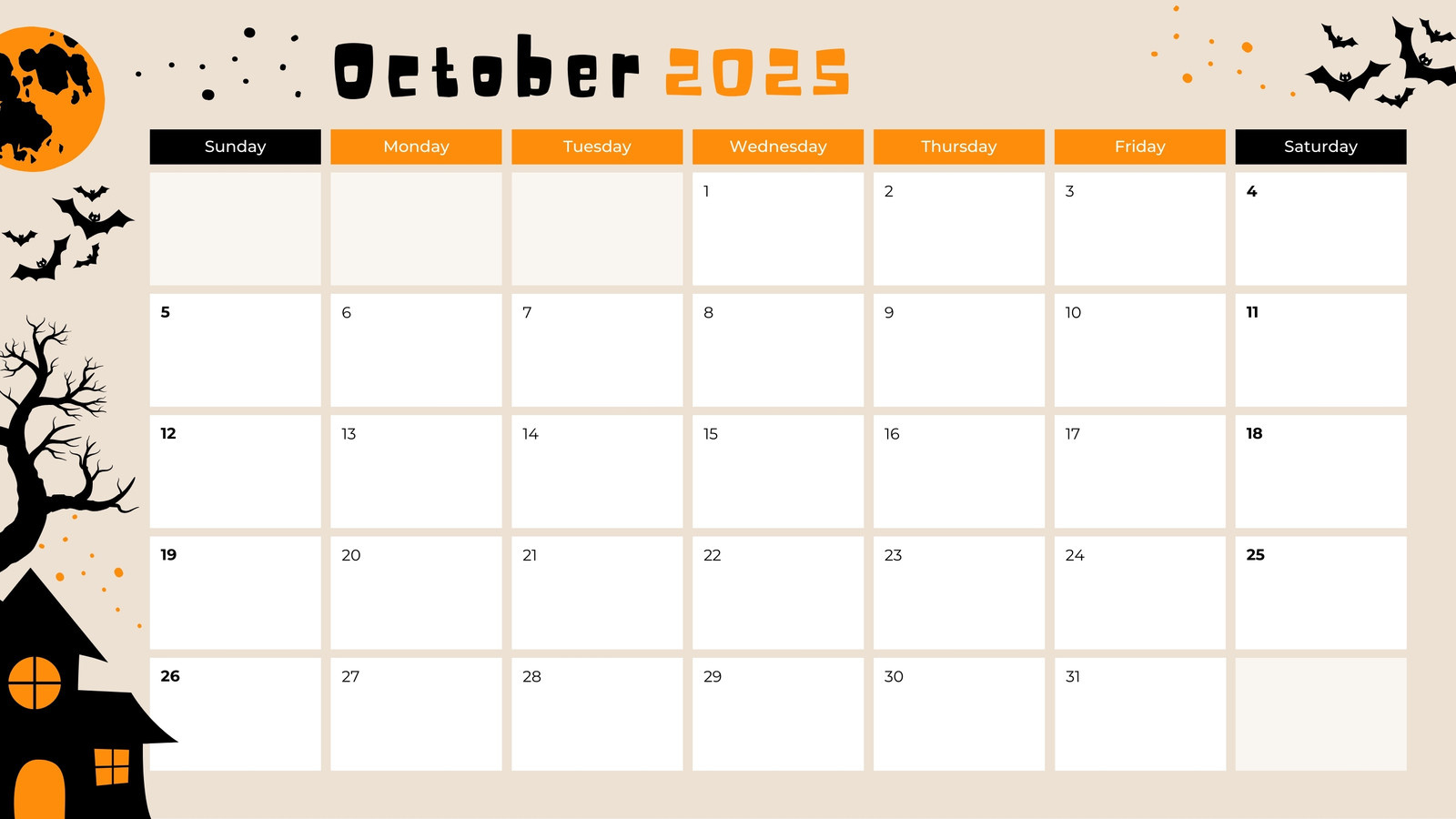 Free October 2025 Calendar Templates To Customize | Canva for October Calendar 2025 Printable Halloween