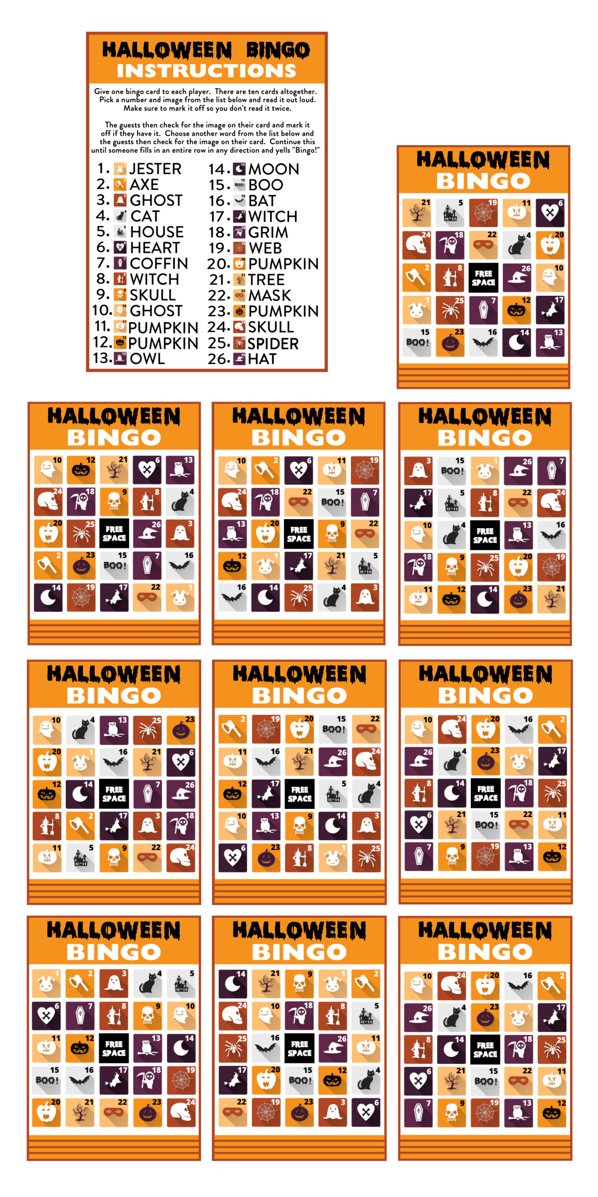 Free Printable Halloween Bingo (10 Spooky Cards!) 🎃 | Catch My Party for 25 Printable Halloween Bingo Cards