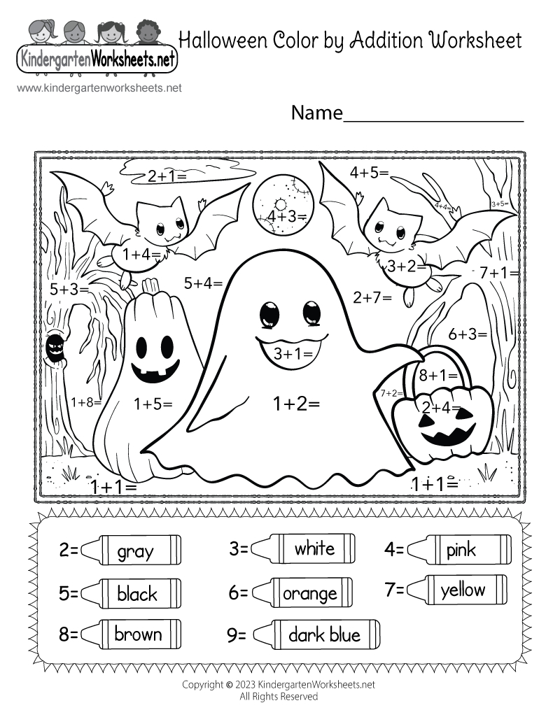 Free Printable Halloween Coloraddition Worksheet in Free Printable Halloween Math Worksheets