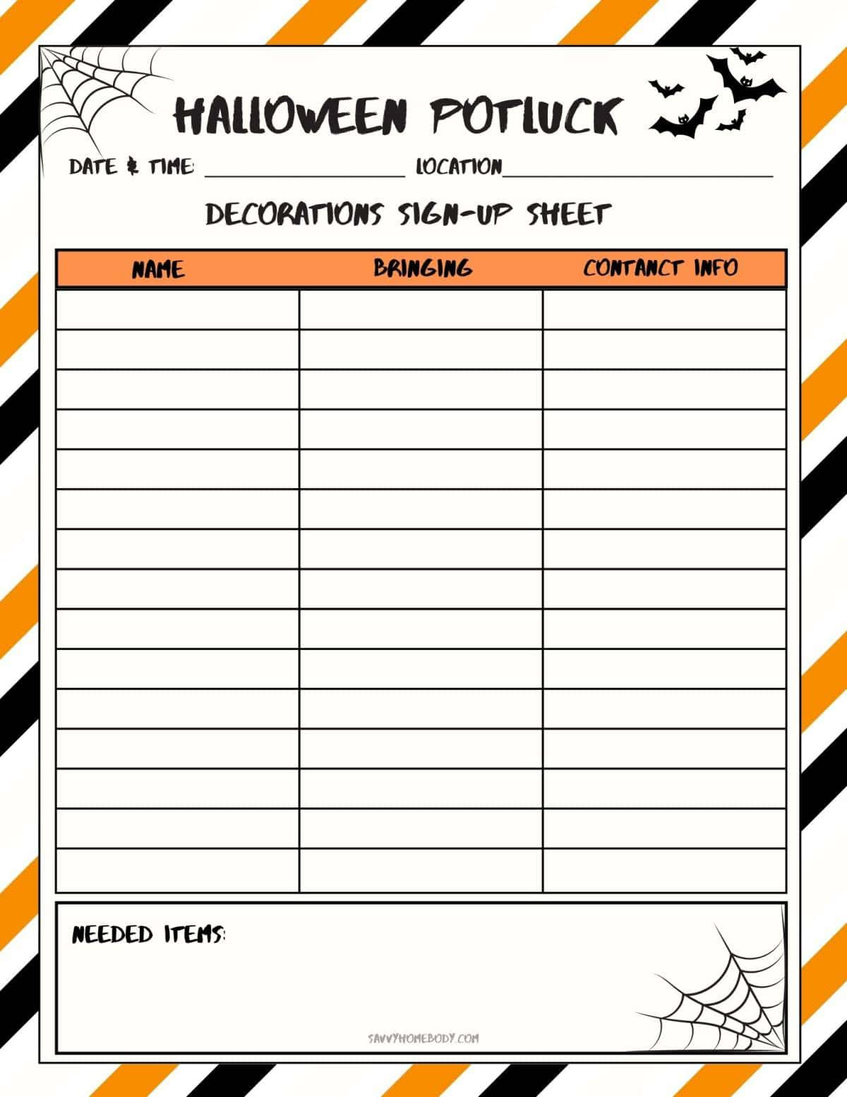 Free Printable Halloween Potluck Sign Up Sheets for Free Printable Halloween Party List Template
