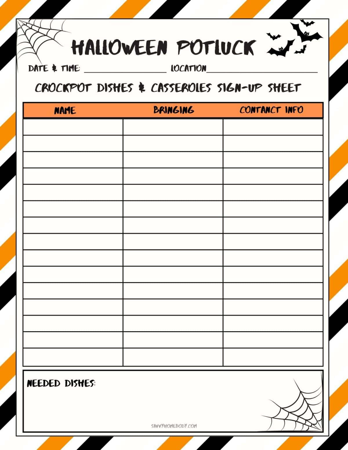 Free Printable Halloween Potluck Sign Up Sheets with regard to Printable Halloween Potluck Sign Up