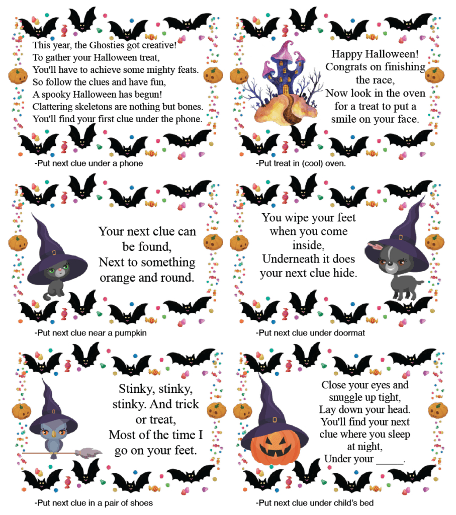 Free Printable Halloween Treasure Hunt: 24 Clues Plus Blanks for Printable Halloween Scavenger Hunt