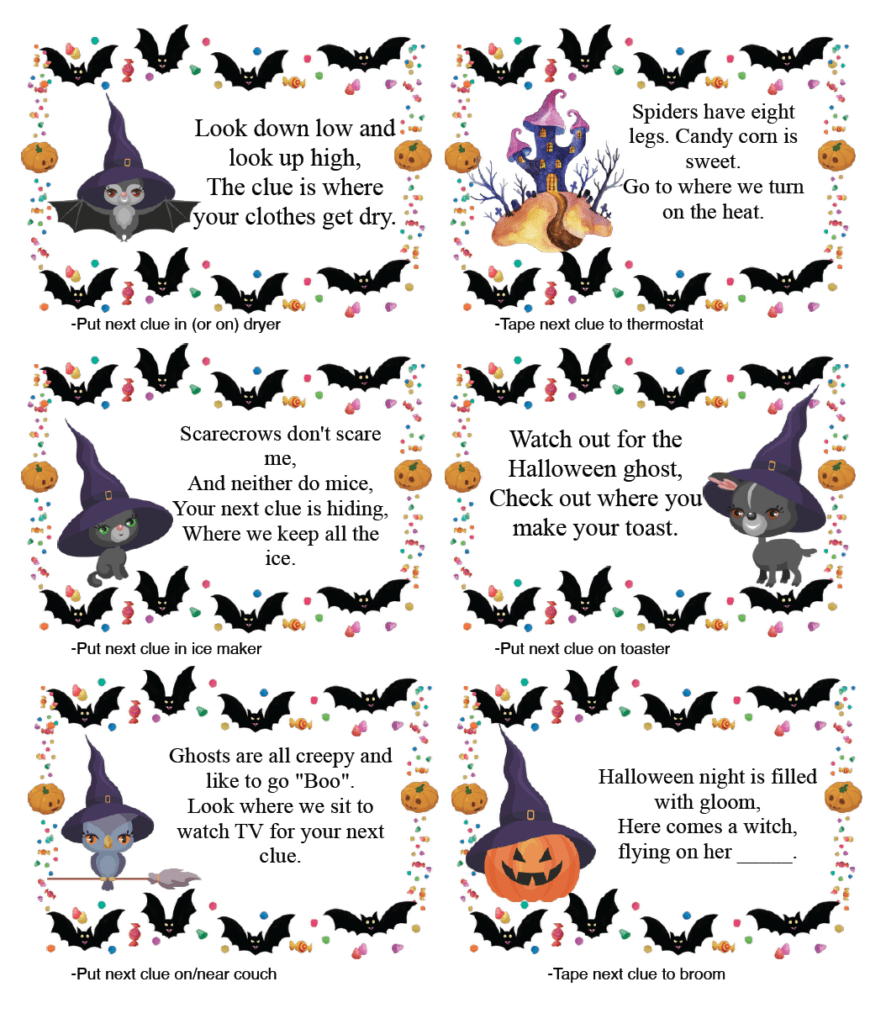 Free Printable Halloween Treasure Hunt: 24 Clues Plus Blanks throughout Printable Halloween Scavenger Hunt Clues