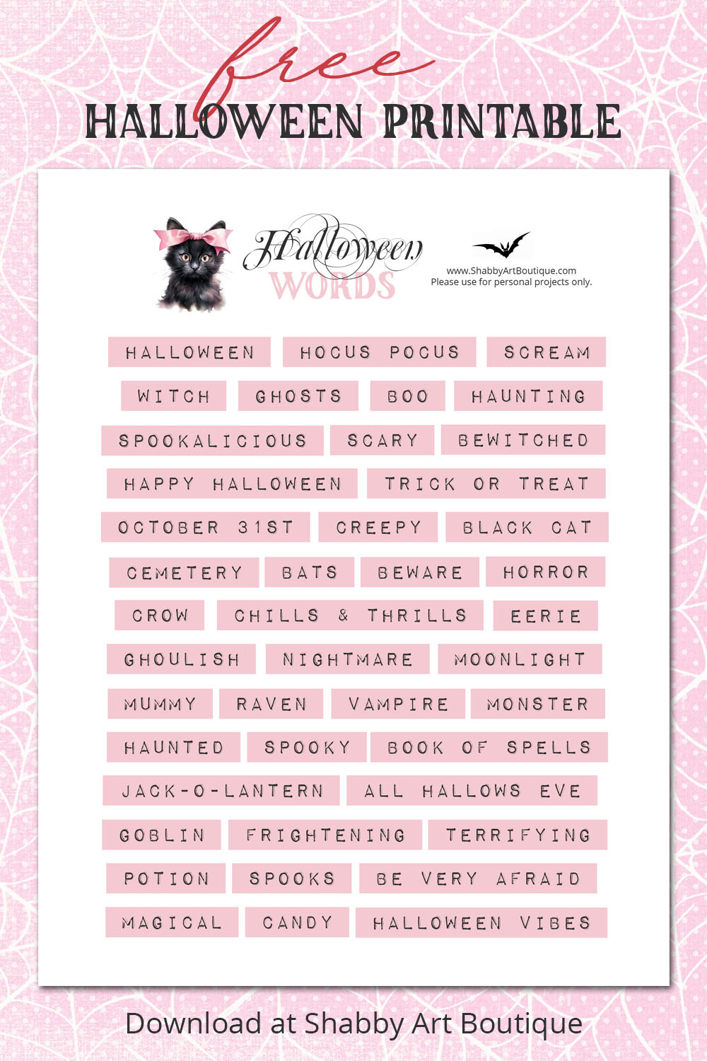 Free Printable Halloween Words - Shabby Art Boutique for Printable Halloween Words