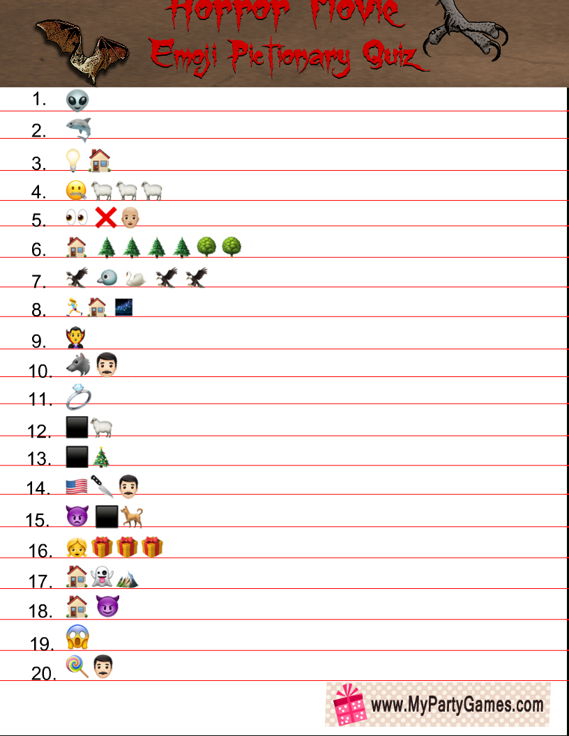 Free Printable Horror Movie Emoji Pictionary Quiz with Printable Halloween Emoji Quiz with Answers