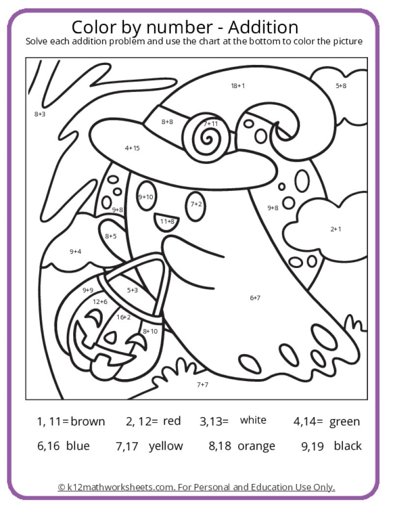 Halloween Colornumber Pages - K12 Math Worksheets pertaining to Free Printable Halloween Math Coloring Pages