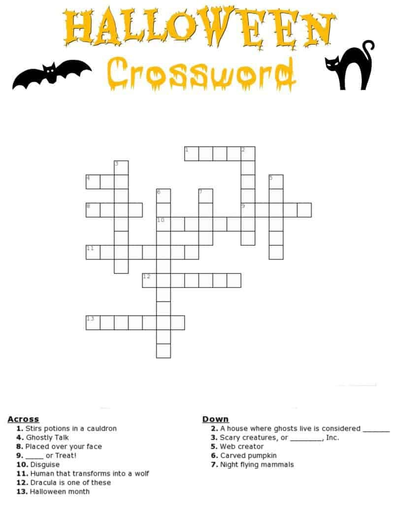 Halloween Crossword Printable (With Or Without Word Bank) within Printable Halloween Crossword