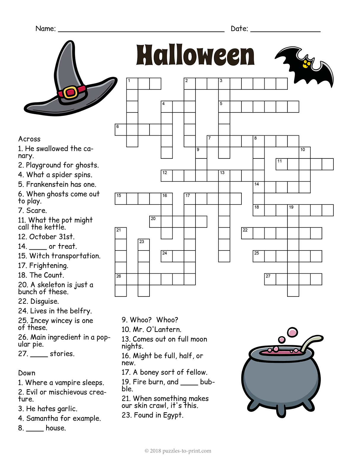 Halloween Crossword with regard to Printable Halloween Crossword