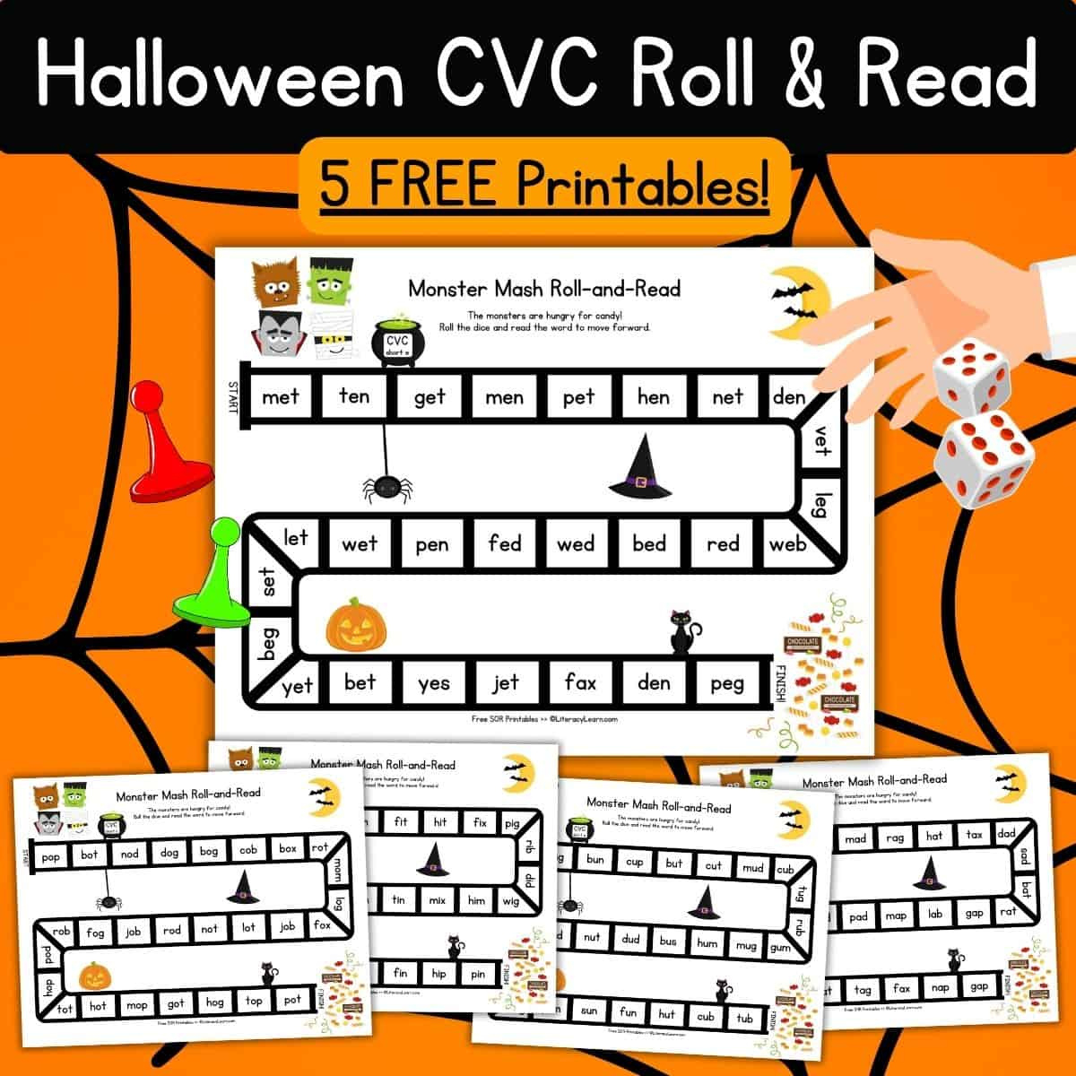 Halloween Cvc Roll &amp; Read Games - 5 Free Printables - Literacy Learn in Free Printable Halloween Cvc Words Worksheets