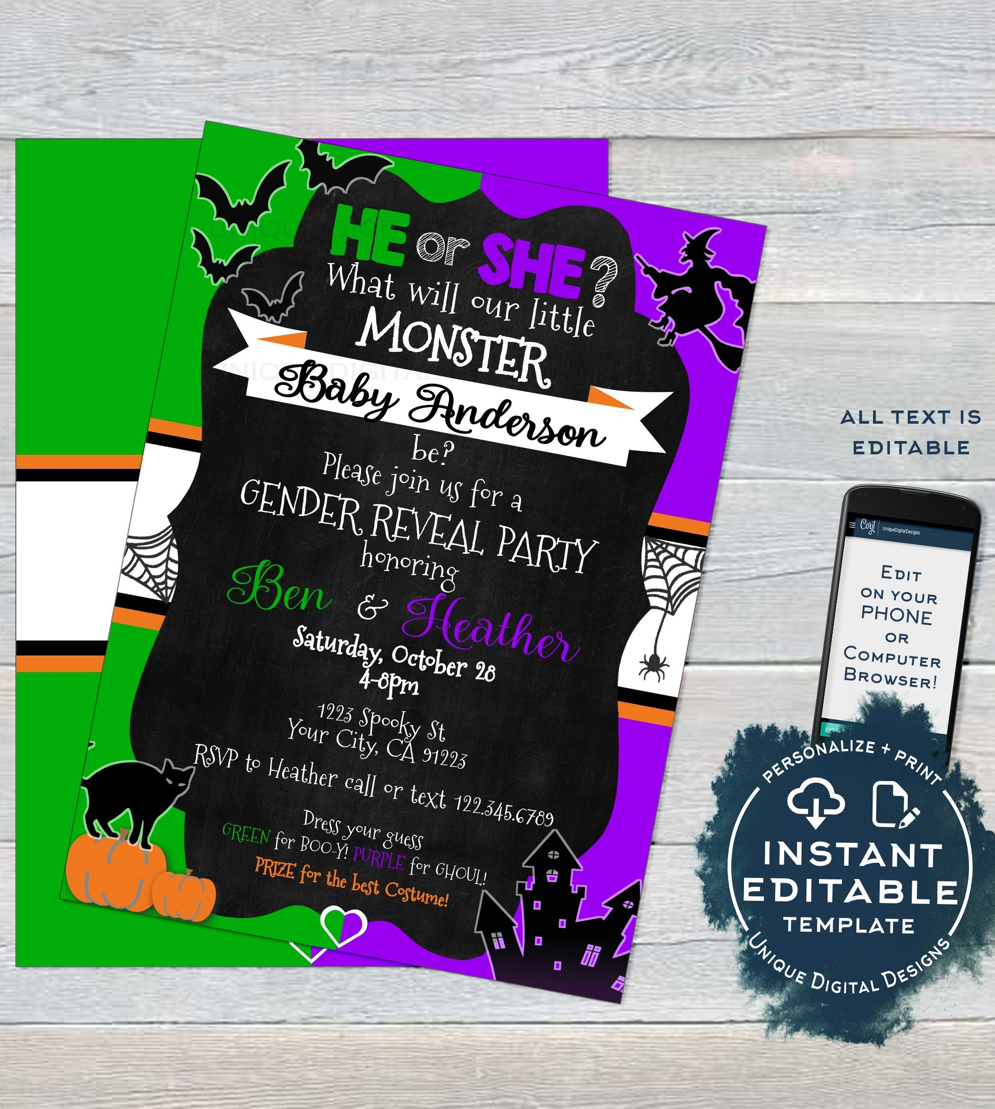 Halloween Gender Reveal Invitation, Editable Baby Shower Invite in Printable Halloween Gender Reveal Invitations