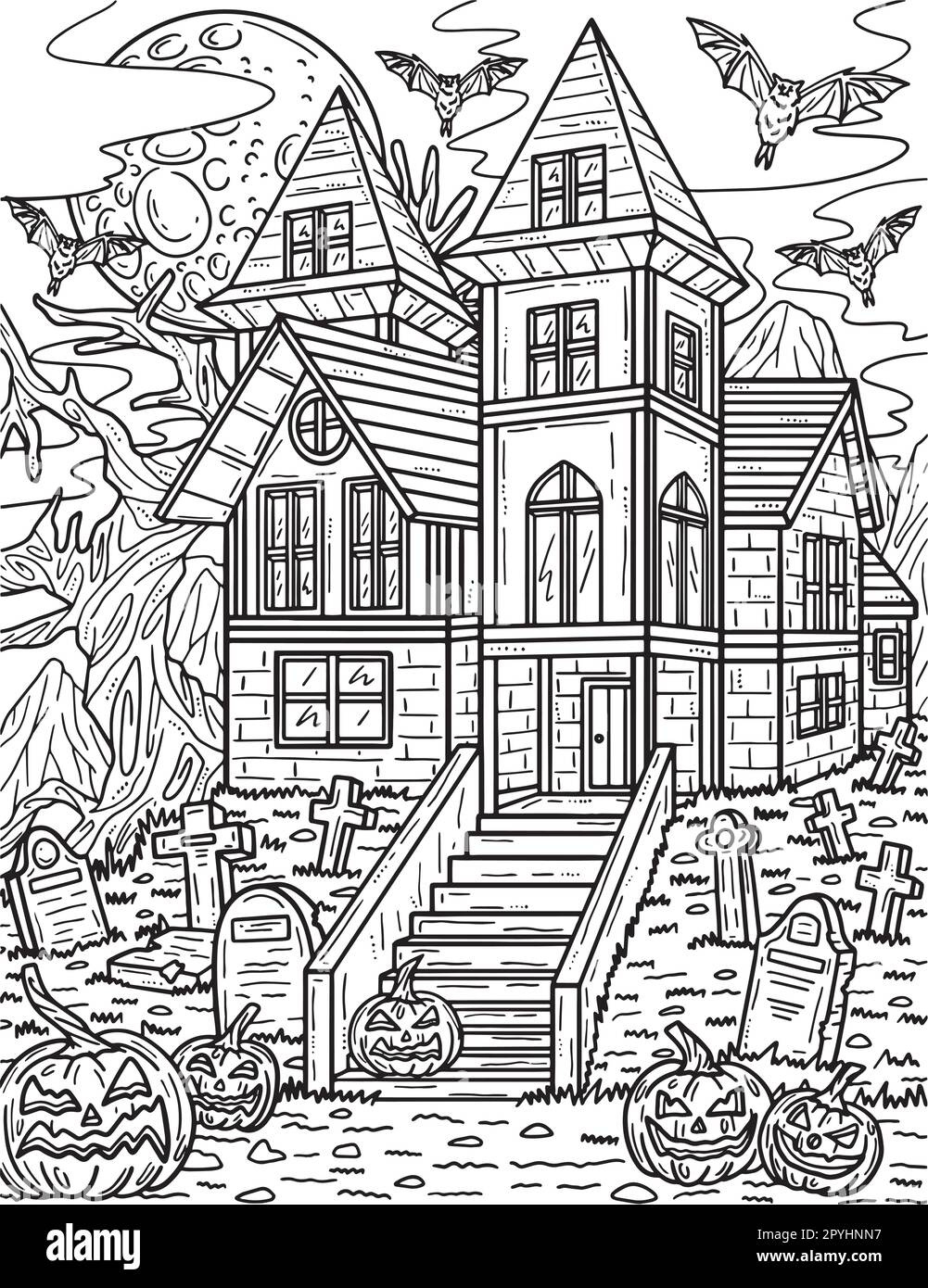 Halloween Haunted House Coloring Page For Adults Stock Vector regarding Free Printable Halloween Haunted House Coloring Pages