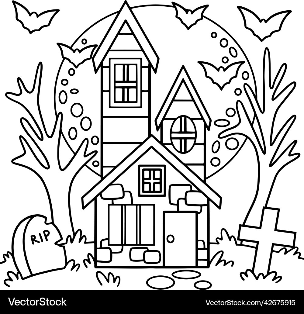 Halloween Haunted House Coloring Page Royalty Free Vector throughout Free Printable Halloween Haunted House Coloring Pages