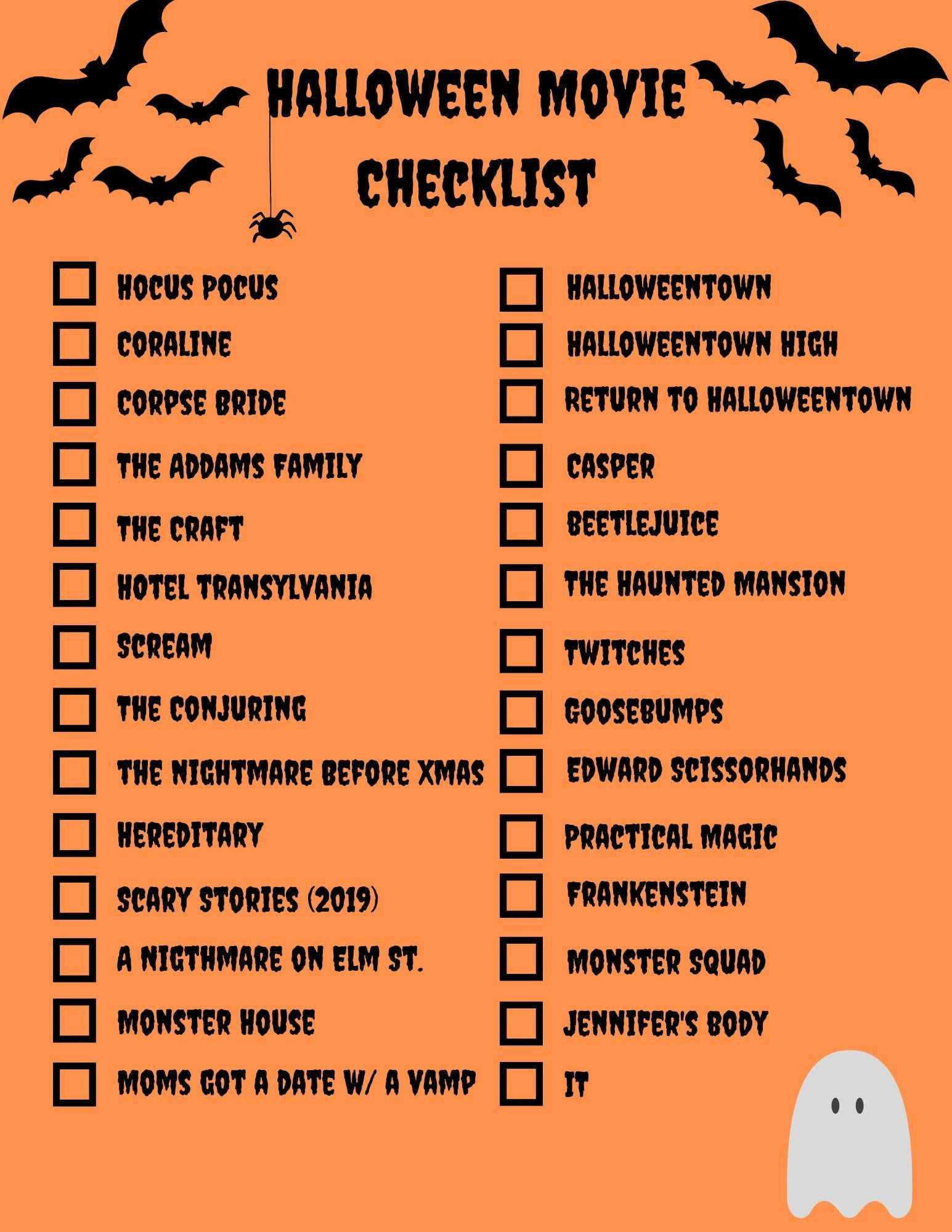 Halloween Movie List| Halloween Bucket List| Printable Halloween inside Printable Halloween Movie List