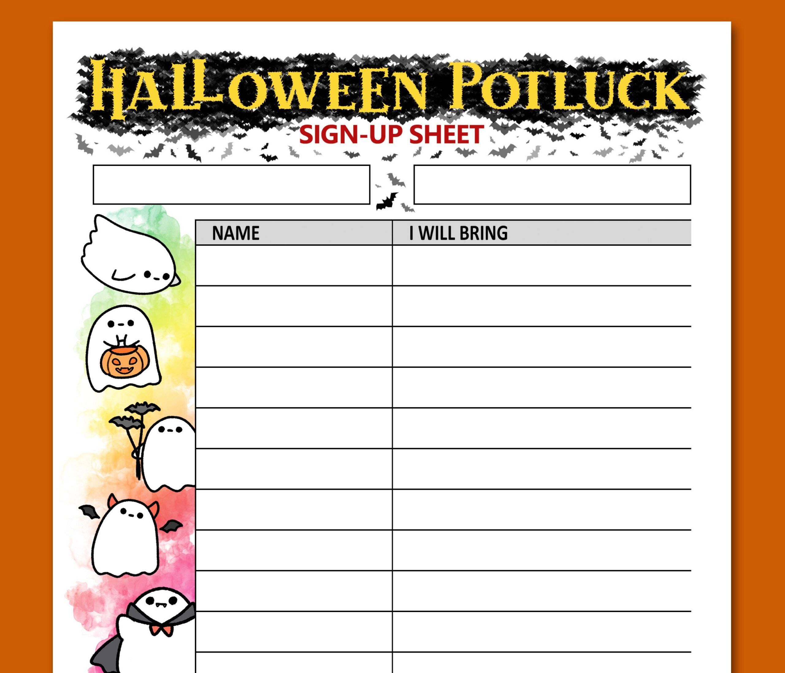 Halloween Potluck Anmeldung Blatt Druckbare Buchstaben Größe, Halloween  Dinner Party Anmeldung Form Blank Sofort Download, Niedliches Gespenst pertaining to Printable Halloween Potluck Sign Up Sheet