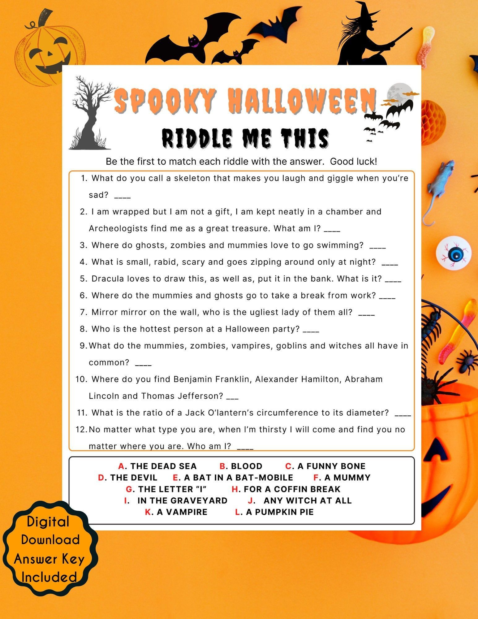 Halloween Riddle Me This Trivia Game Fun Halloween Game Printable regarding Free Printable Halloween Riddles with Answers
