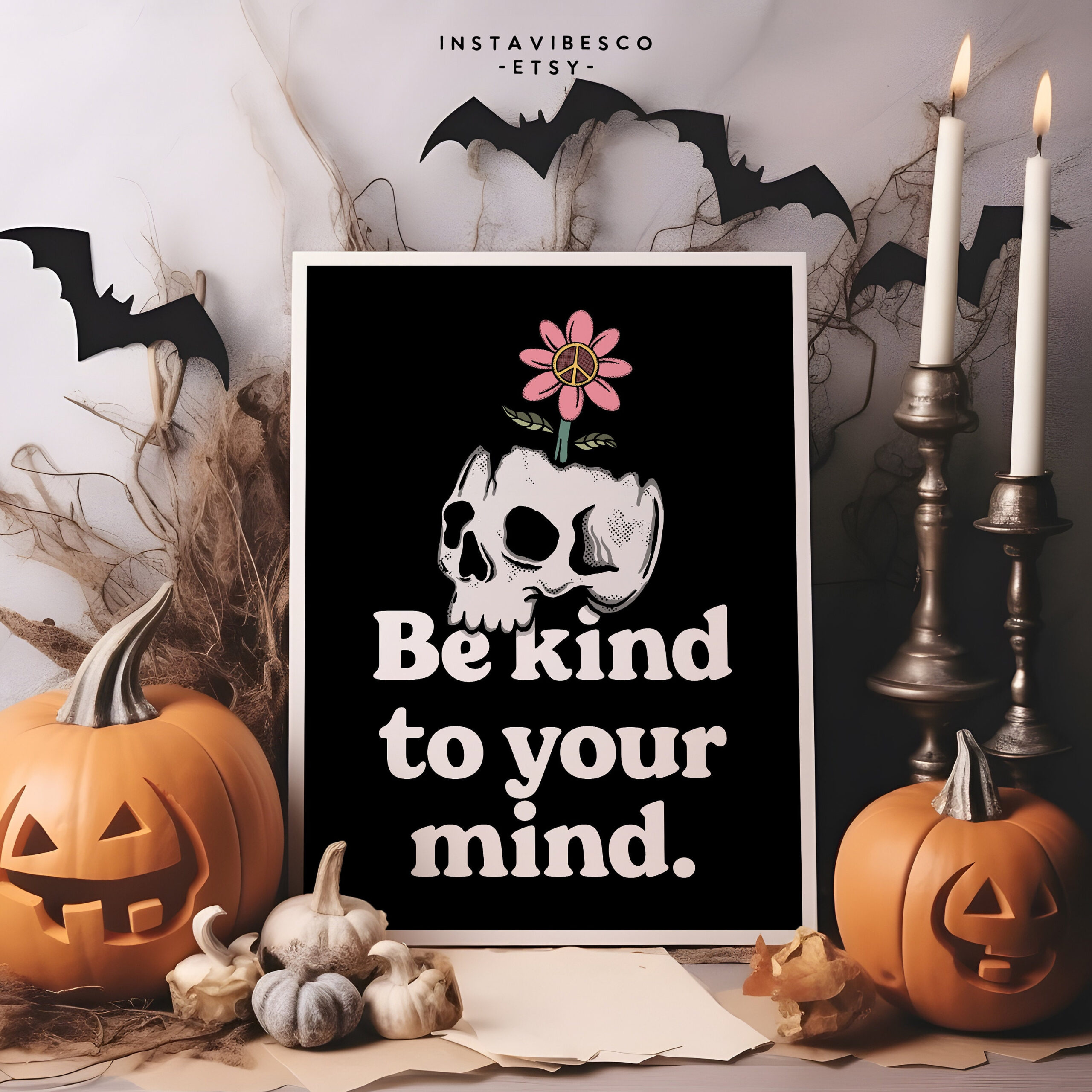 Halloween Skull Positive Print: Be Kind Holiday Decor (Digital throughout Etsy Printable Halloween