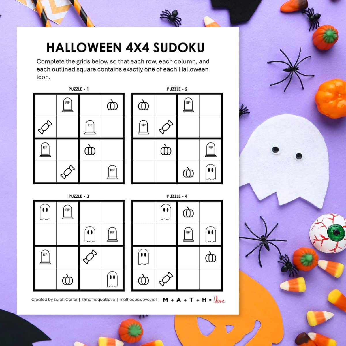 Halloween Sudoku - 4X4 Puzzles With Pictures | Math = Love intended for Free Printable Halloween Sudoku Puzzles