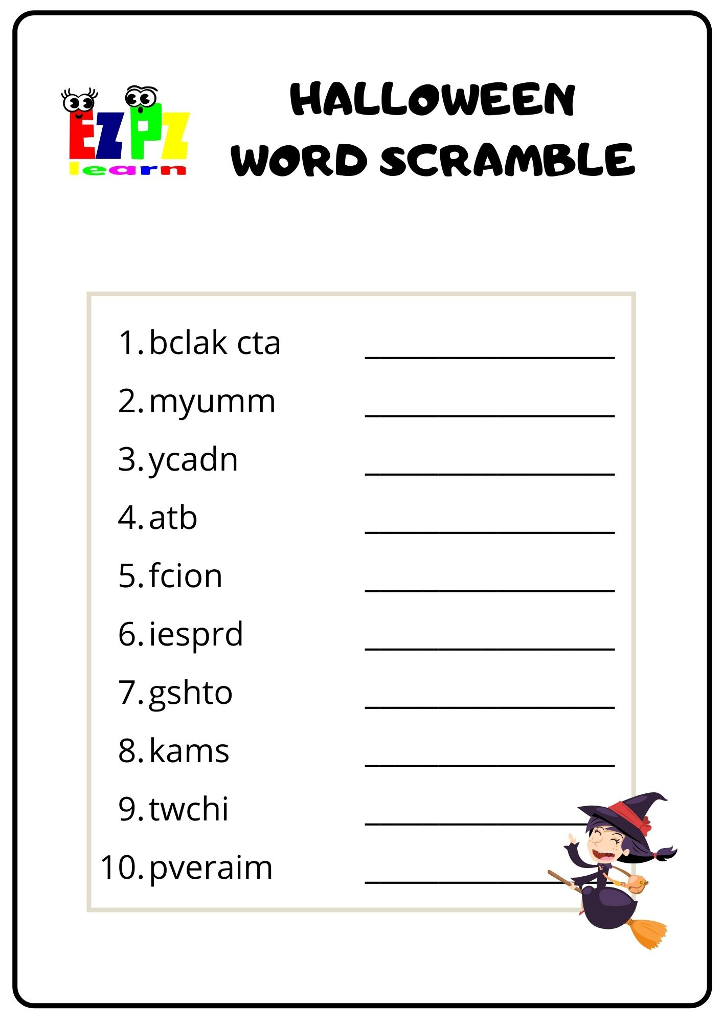 Halloween Word Scramble - Ezpzlearn within Free Printable Halloween Unscramble Words Worksheets