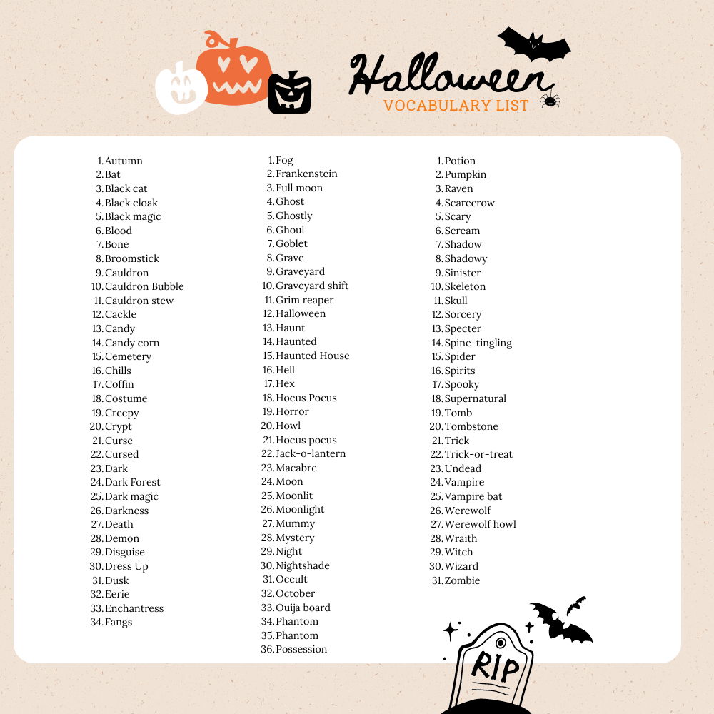 Halloween Words And Vocab + Free Word Search Pdf pertaining to Printable Halloween Hangman Words