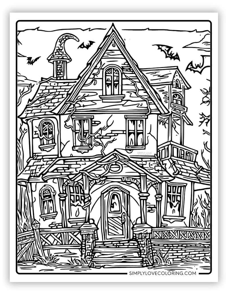Haunted House Coloring Pages (Free Pdf Printables) - Simply Love inside Free Printable Halloween Haunted House Coloring Pages