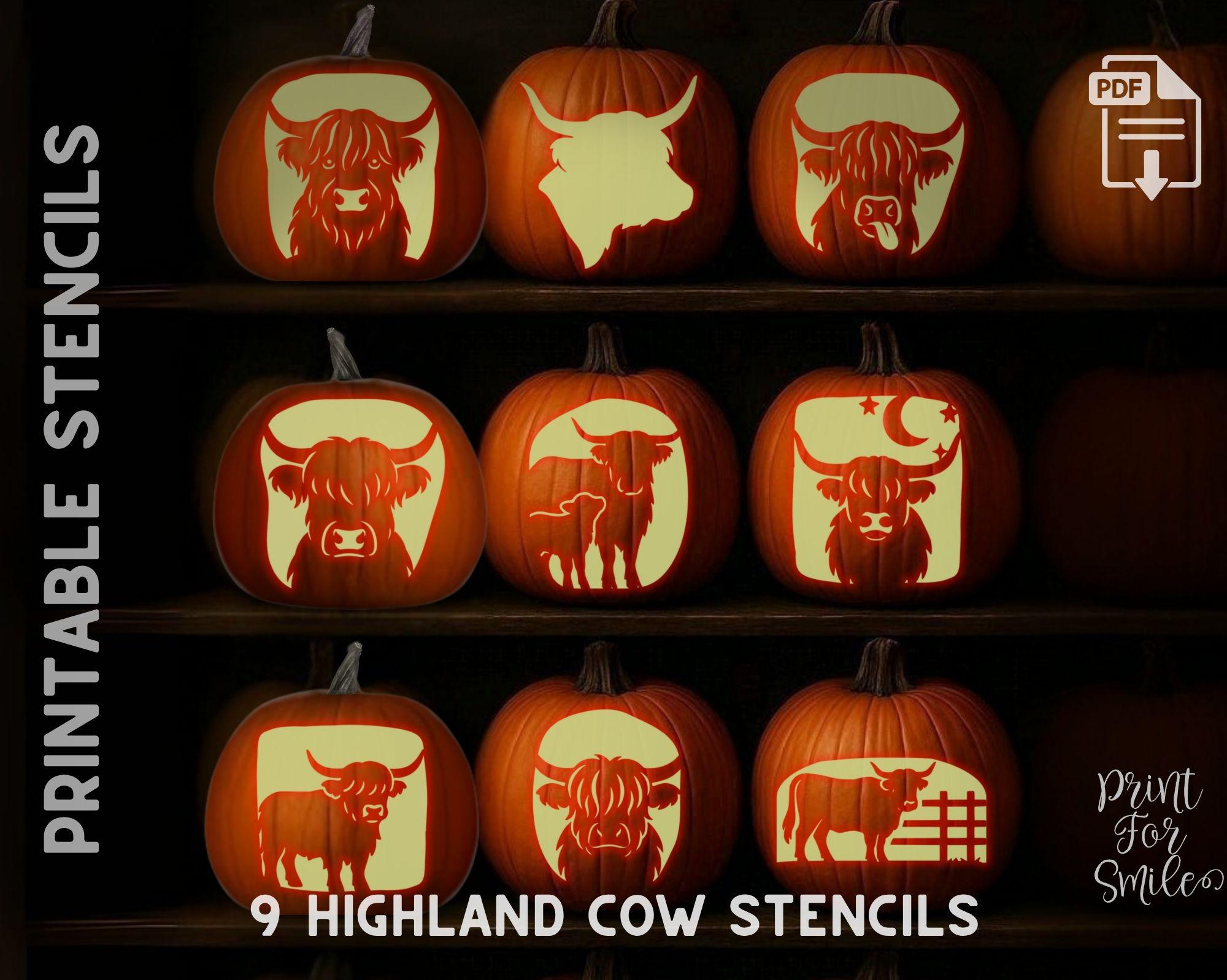 Highland Cow Pumpkin Carving Stencil Set, Printable Templates within Printable Cow Pumpkin Stencil