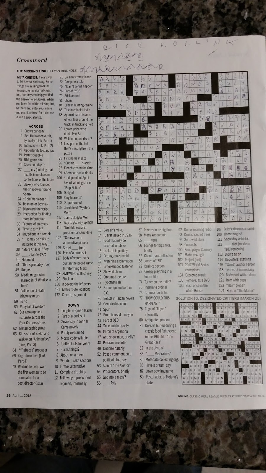 I Was Rick Rolleda Master inside Printable Sunday Crossword Washington Post