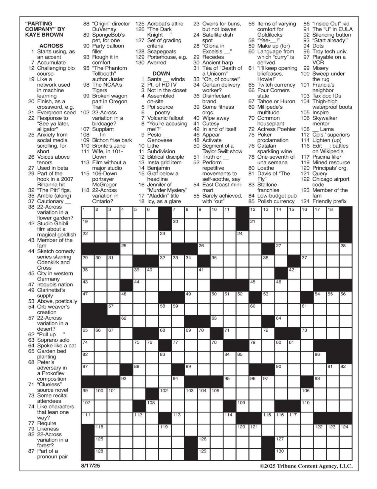 La Times Crossword: Aug. 17, 2025 | Crosswords | Yakimaherald in La Times Printable Crossword Puzzles 2025