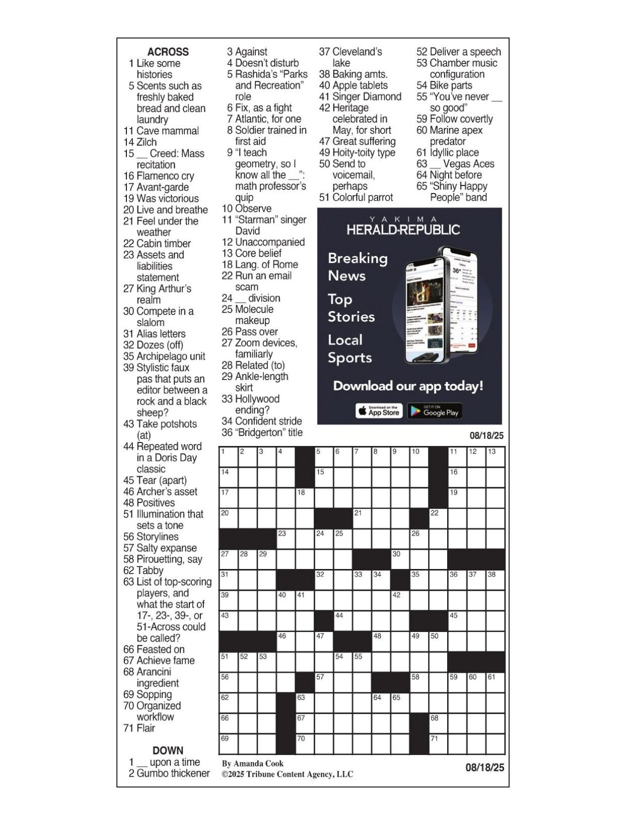 La Times Crossword: Aug. 18, 2025 | Crosswords | Yakimaherald throughout La Times Printable Crossword Puzzles 2025