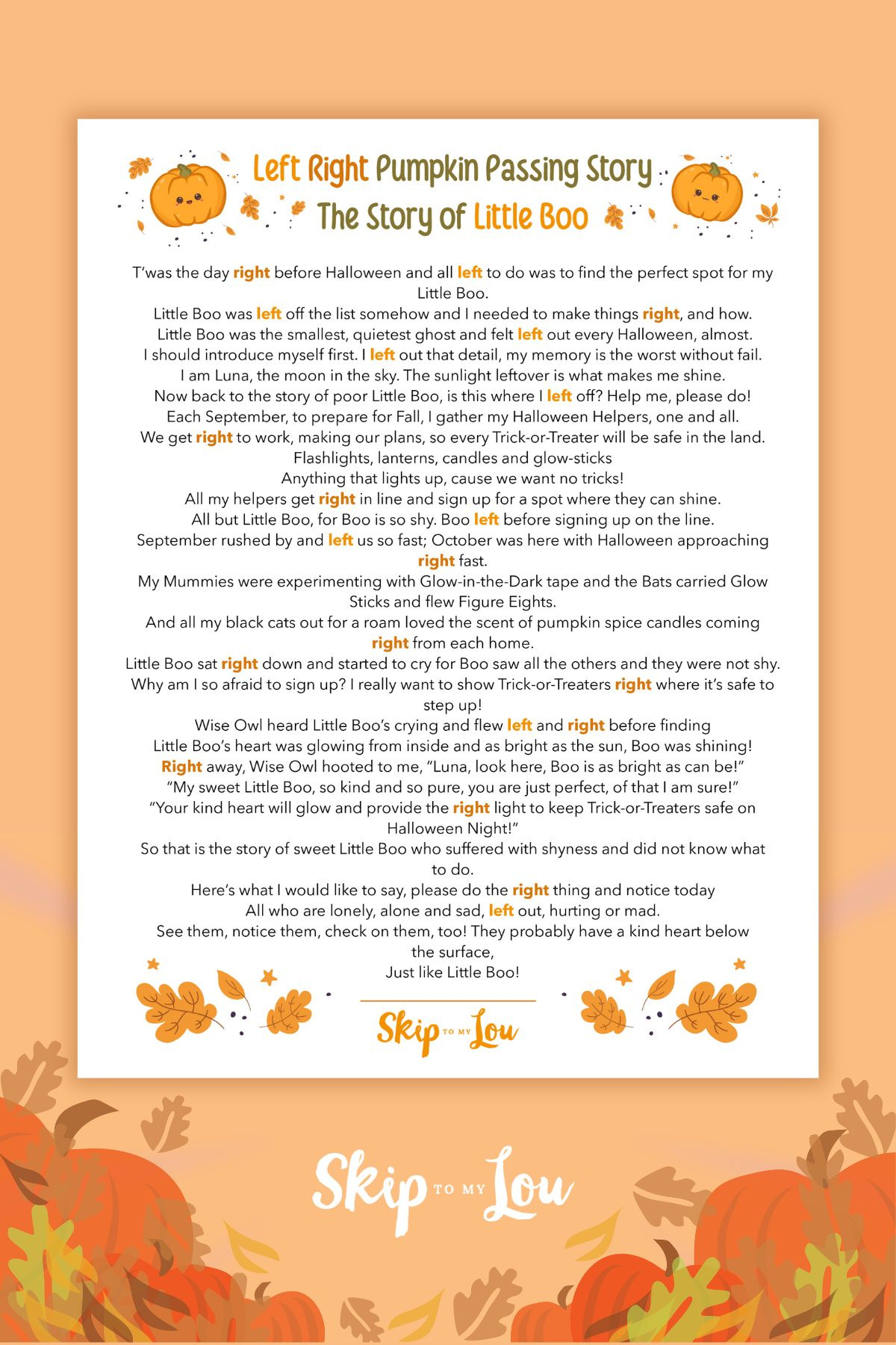 Left Right Pumpkin Passing Game | Skip To My Lou within Free Printable Halloween Stories With Pictures