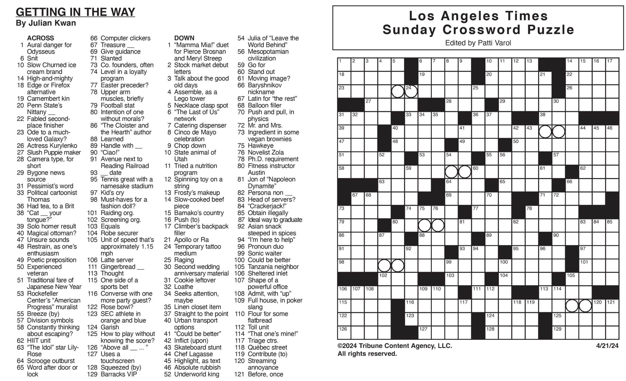 Los Angeles Times Sunday Crossword Puzzle | Tribune Content with regard to Printable Sunday Crossword Washington Post