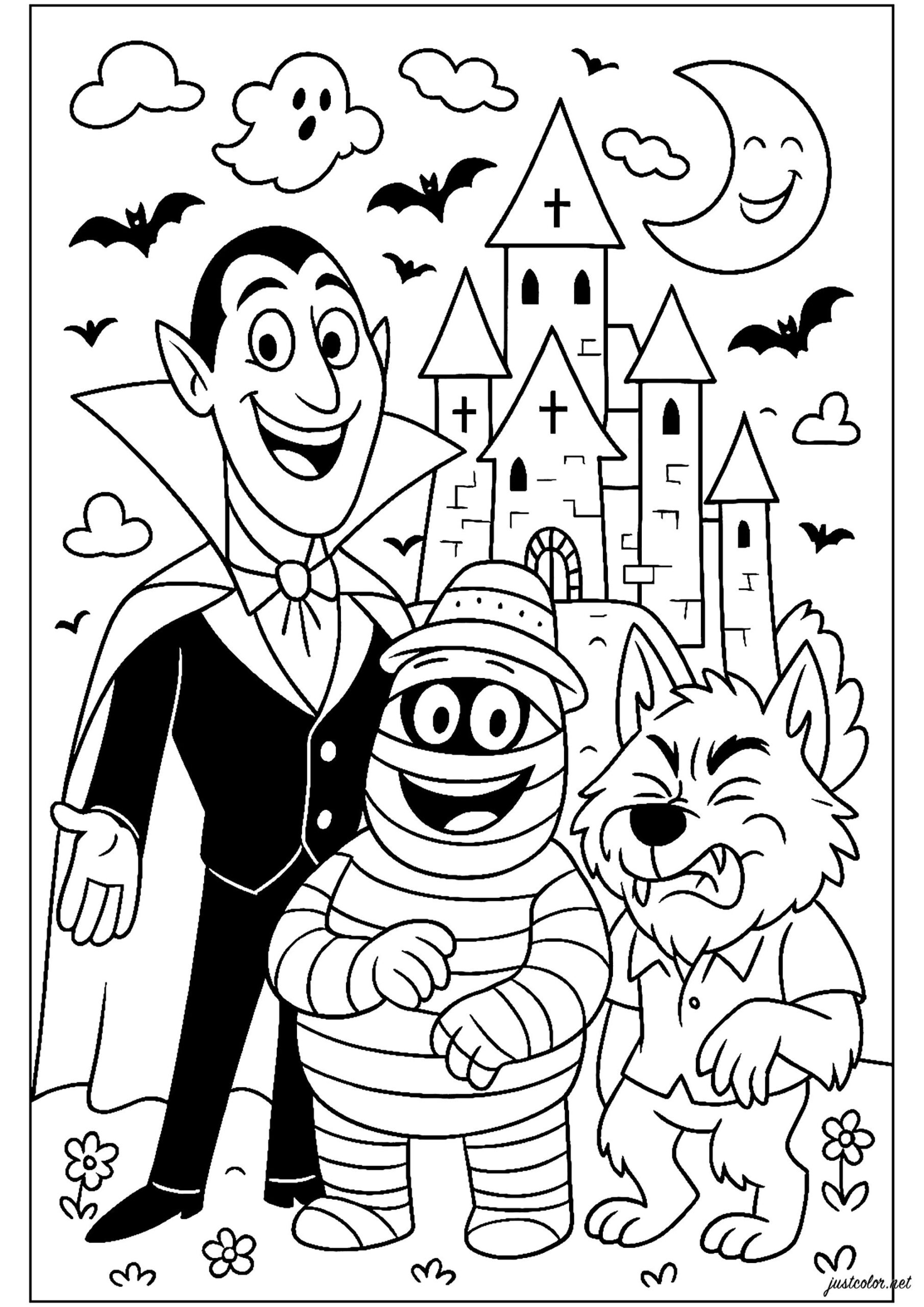 Monsters In Front Of A Castle - Halloween Coloring Pages For Kids regarding Printable Halloween Monsters