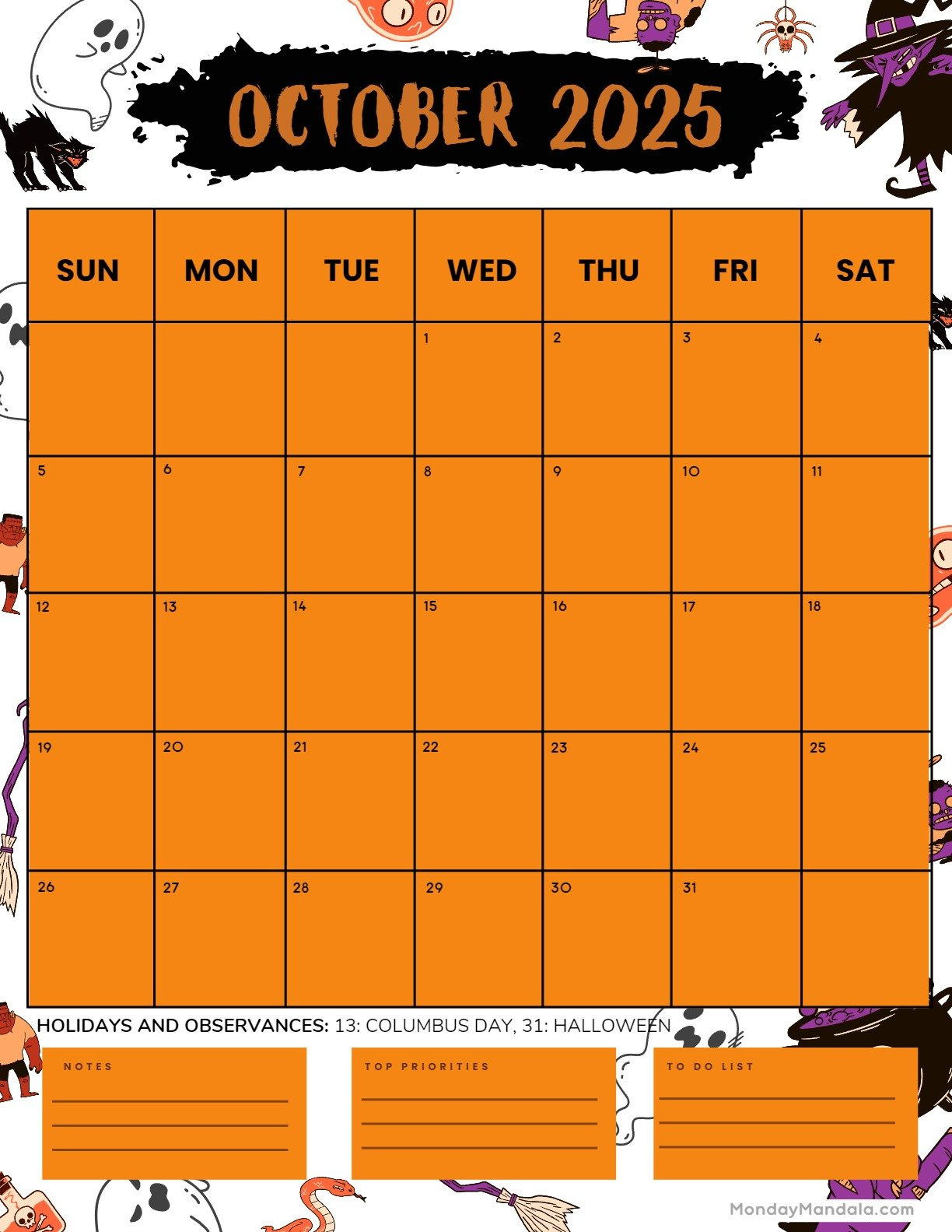October 2025 Calendar (52 Free Pdf Printables) for Printable Halloween October 2025 Calendar Printable