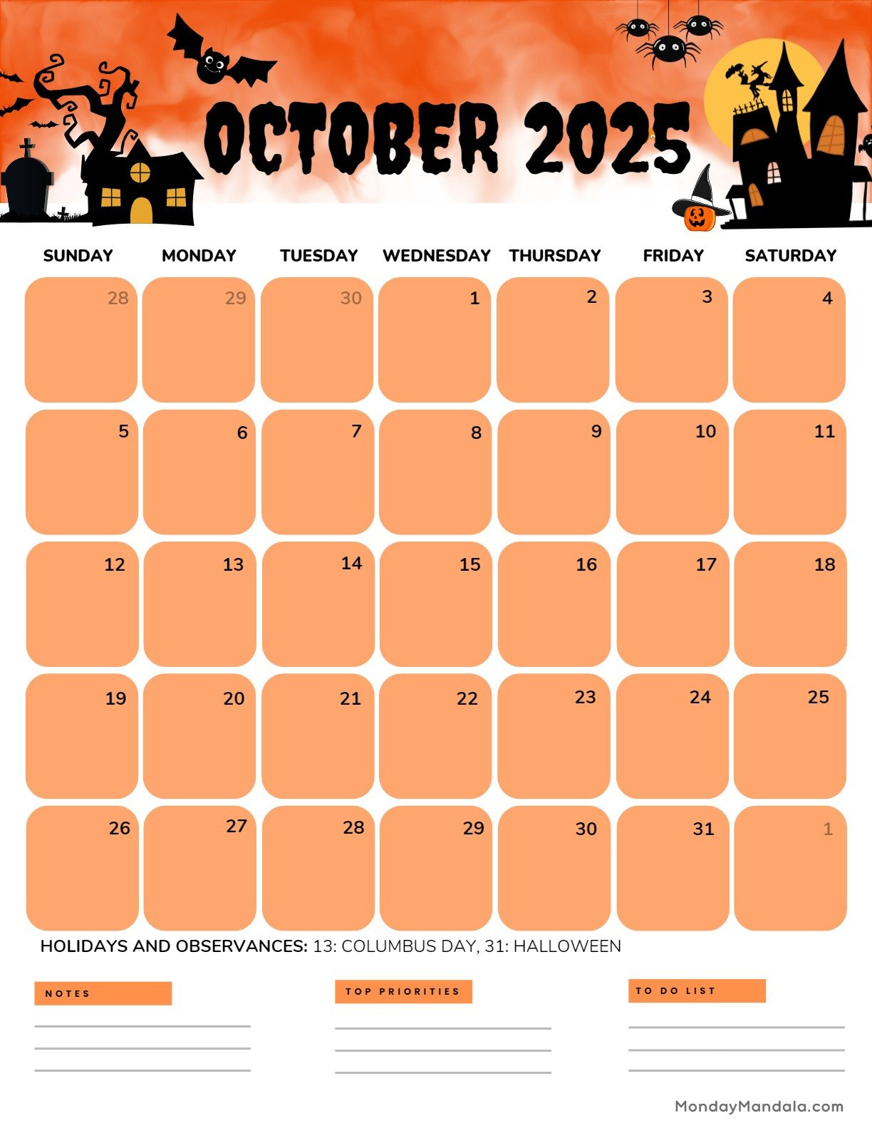 October 2025 Calendar (52 Free Pdf Printables) with Printable Halloween October 2025 Calendar Printable Free