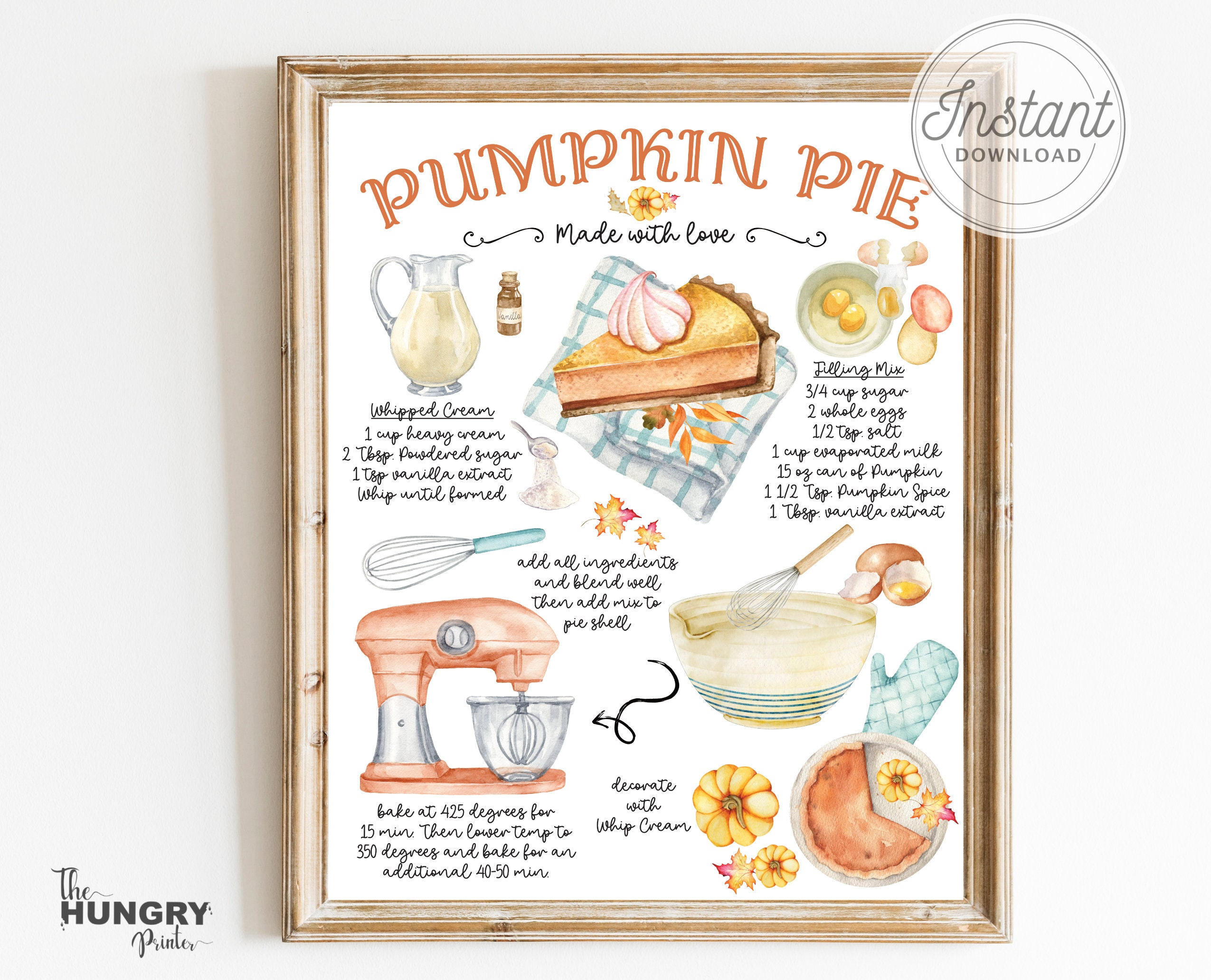 Pumpkin Pie Recipe, Pumpkin Pie Print, Pie Print, Thanksgiving with Printable Pumpkin Pie Recipe